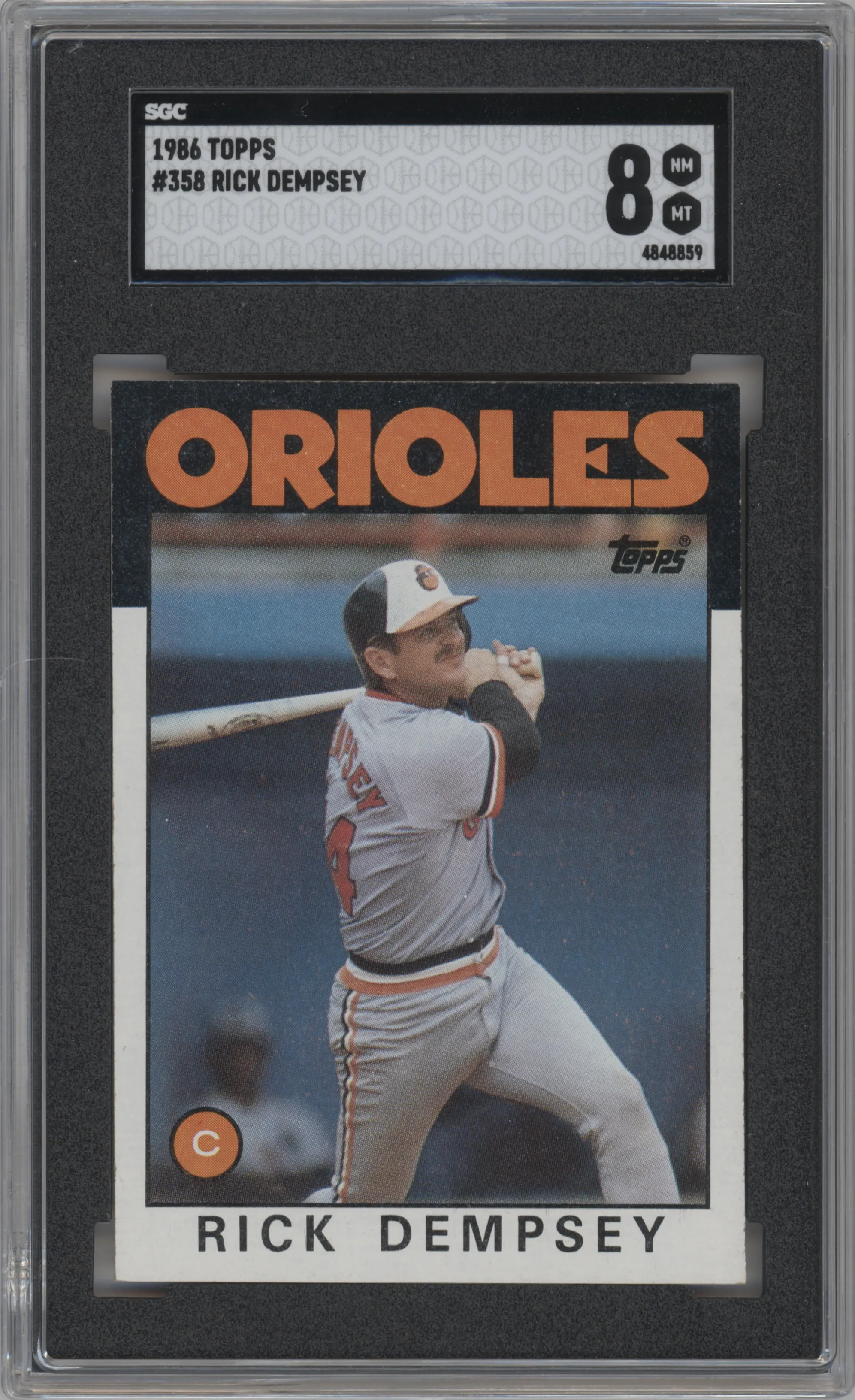Rick Dempsey from the 1986 Topps set graded by SGC and given an overall grade of 8.