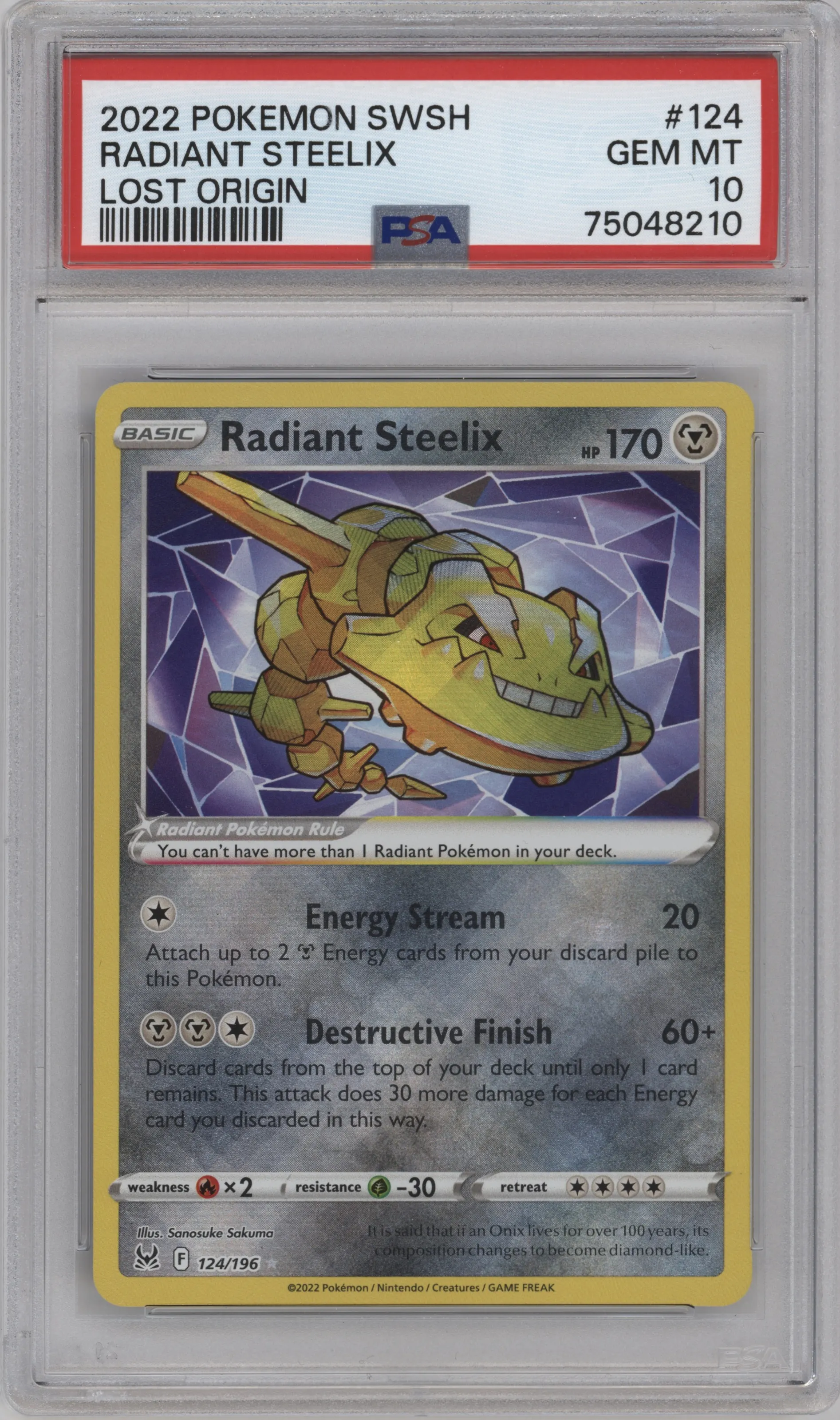 Radiant Steelix from the 2022 Pokemon SWSH set graded by PSA and given an overall grade of 10.