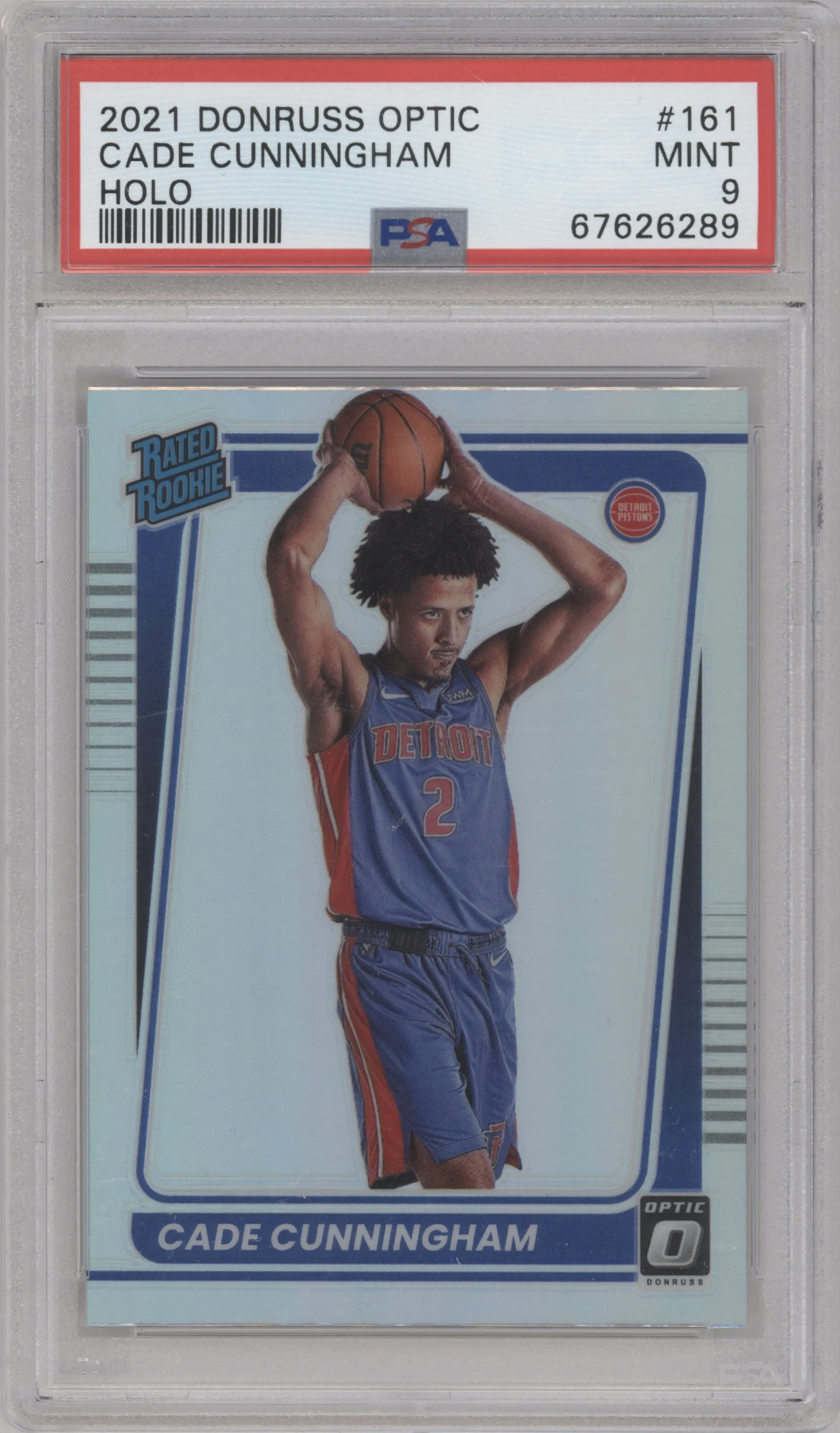 Cade Cunningham from the 2021-22 Panini Donruss Optic set featuring a Holo parallel graded by PSA and given an overall grade of 9.