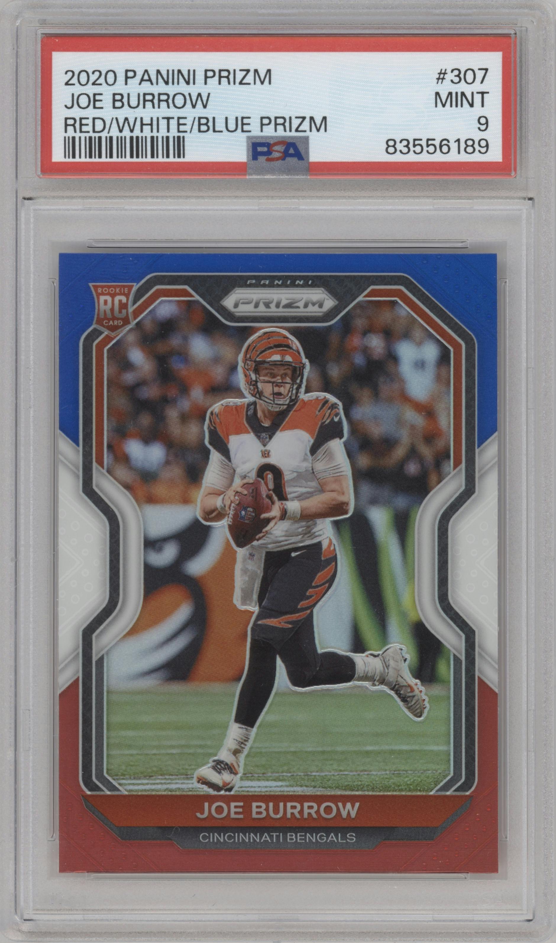 Joe Burrow from the 2020 Panini Prizm set featuring a Red/White/Blue Prizm parallel graded by PSA and given an overall grade of 9.