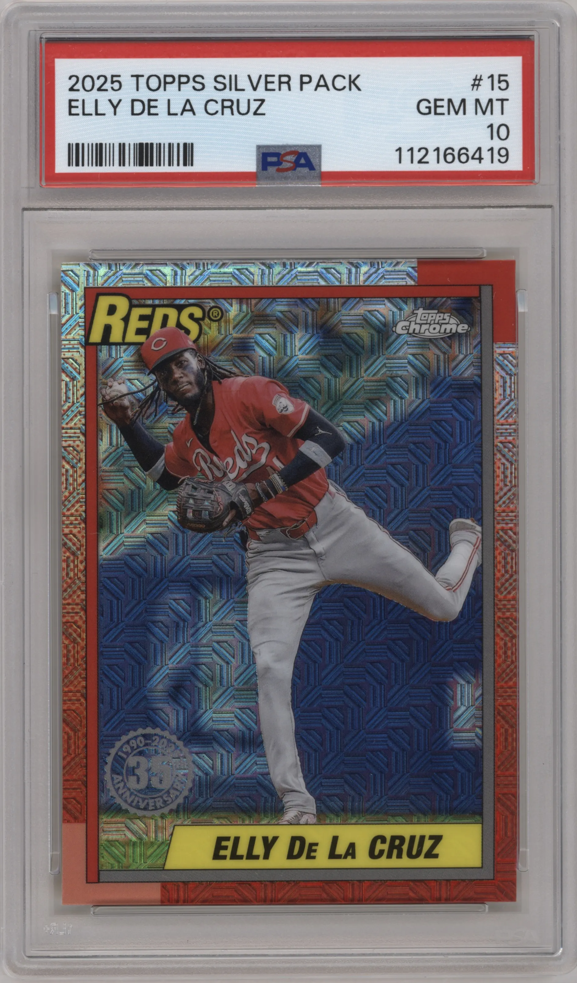 Elly De La Cruz from the 2025 Topps set graded by PSA and given an overall grade of 10.