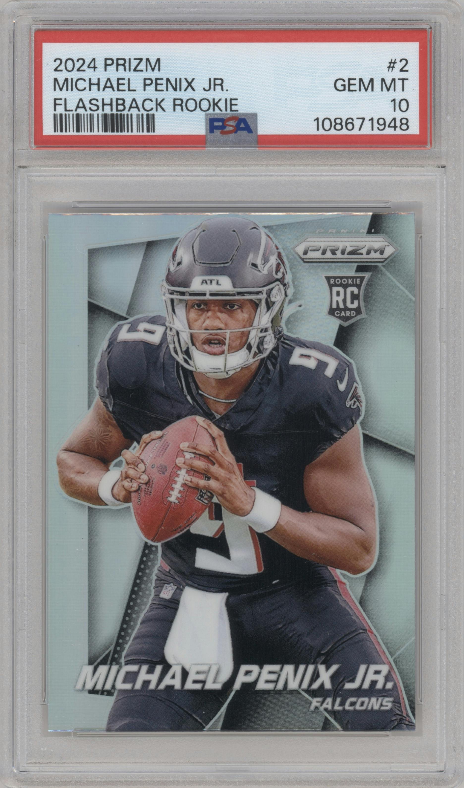 Michael Penix Jr. from the 2024 Panini Prizm set graded by PSA and given an overall grade of 10.