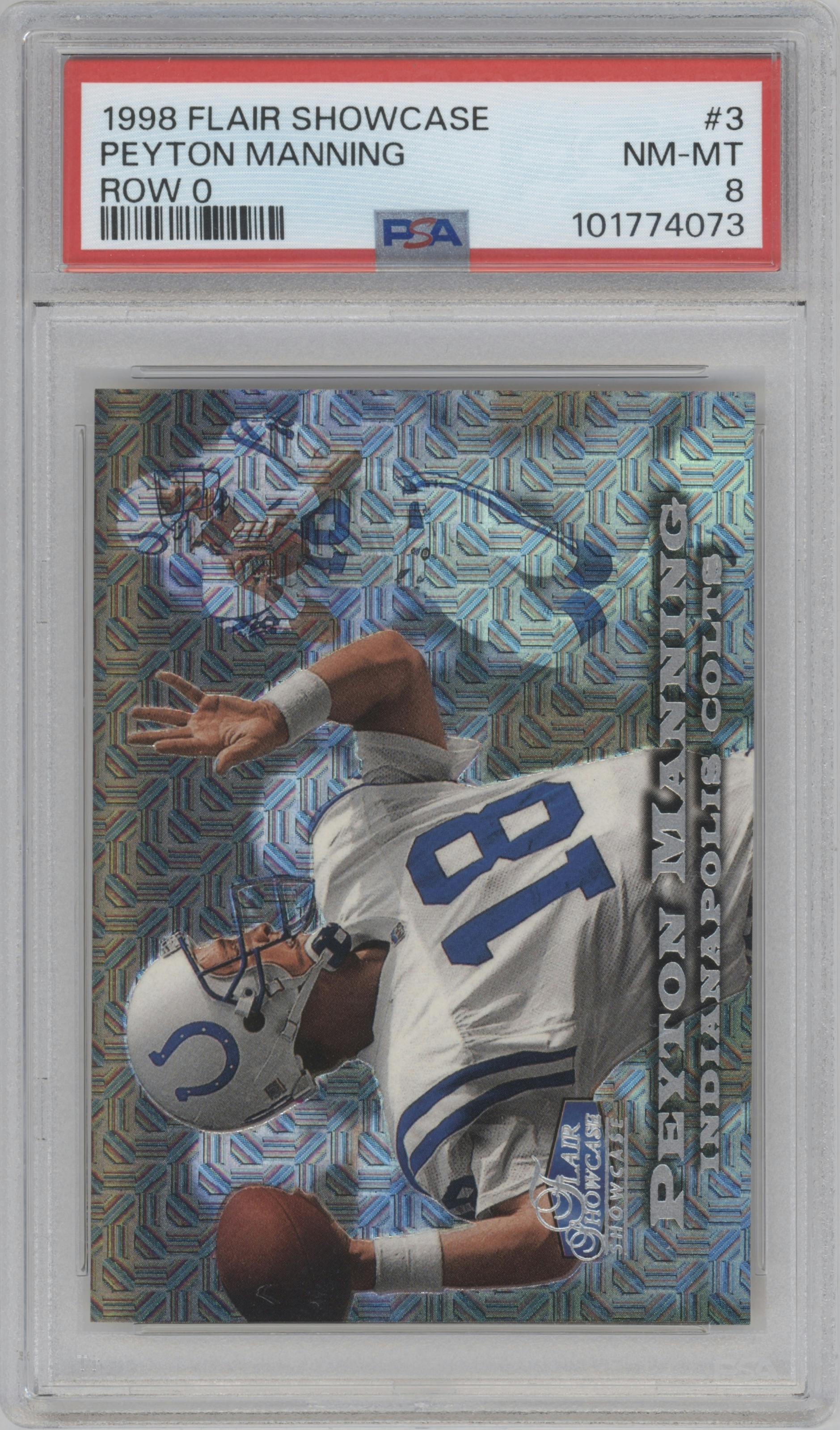 Peyton Manning from the 1998 Flair Showcase set featuring a Showpiece parallel graded by PSA and given an overall grade of 8.