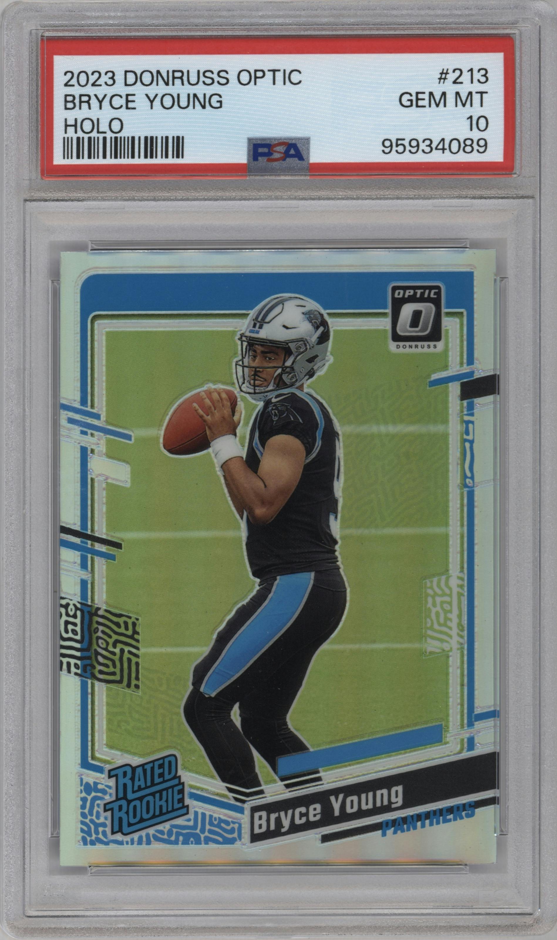 Bryce Young from the 2023 Donruss Optic set featuring a Holo parallel graded by PSA and given an overall grade of 10.