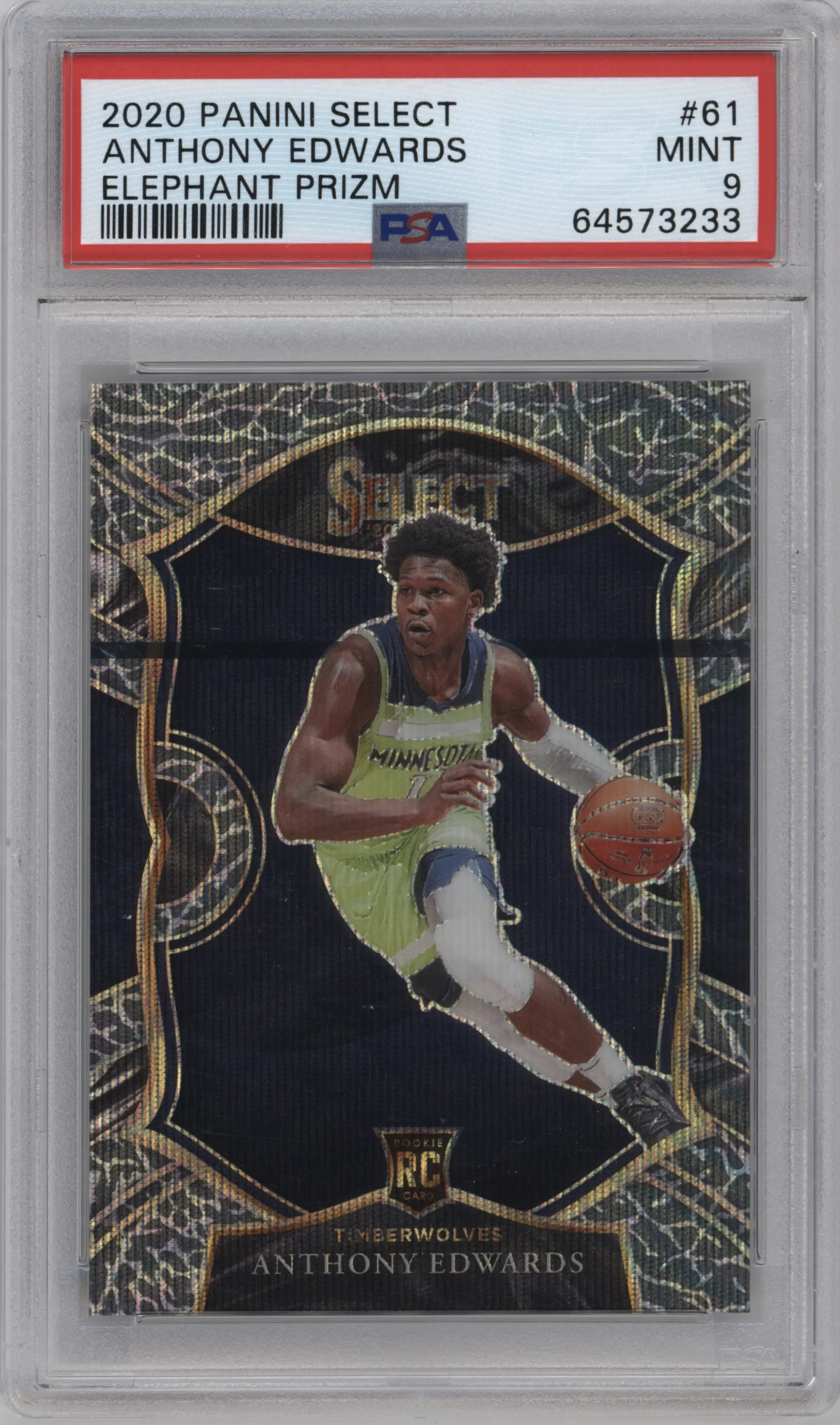 Anthony Edwards from the 2020-21 Panini Select  set featuring a Elephant parallel graded by PSA and given an overall grade of 9.