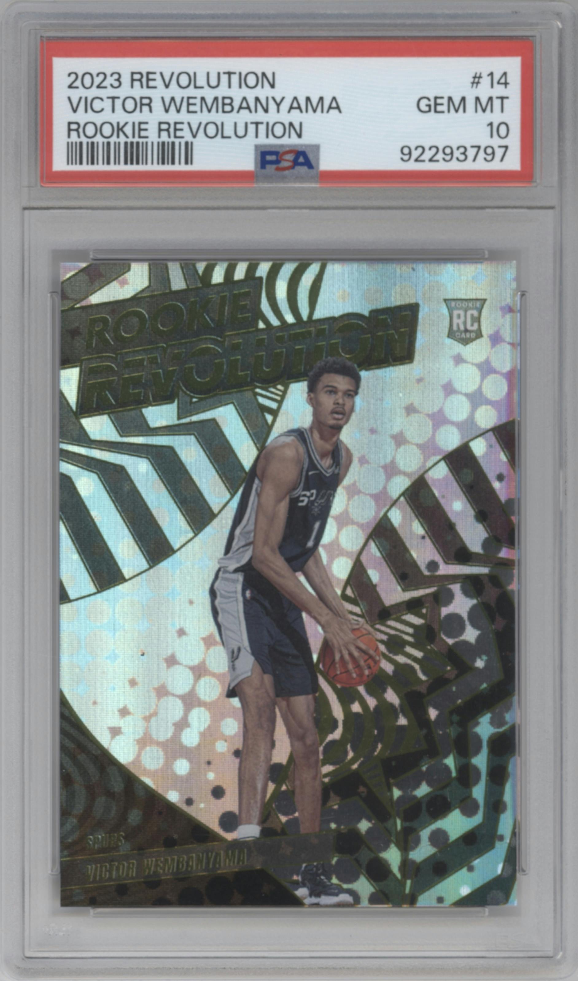 Victor Wembanyama from the 2023-24 Panini Revolution set graded by PSA and given an overall grade of 10.