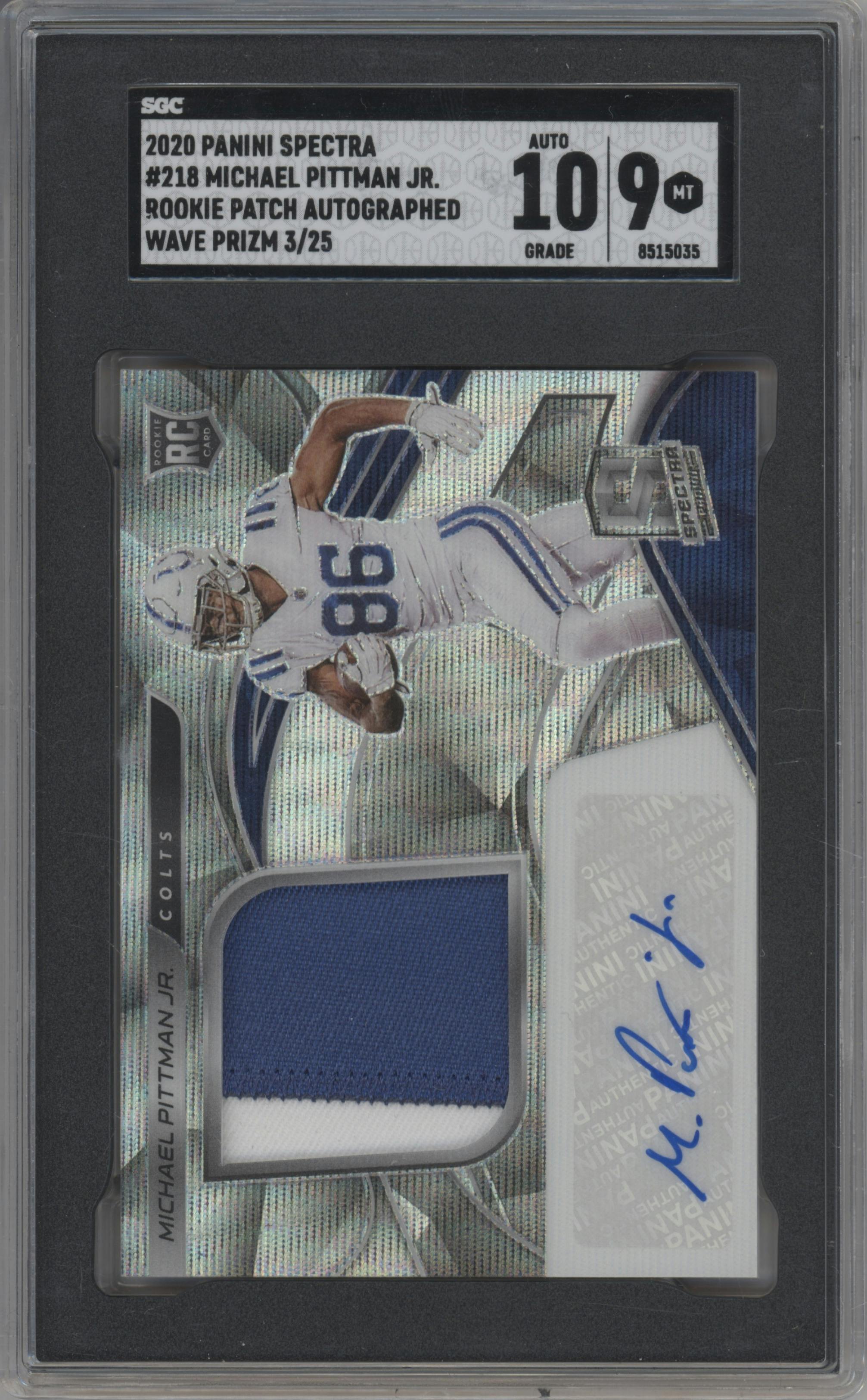 Michael Pittman Jr. from the 2020 Panini Spectra set featuring a FOTL Wave parallel graded by SGC and given an overall grade of 9.