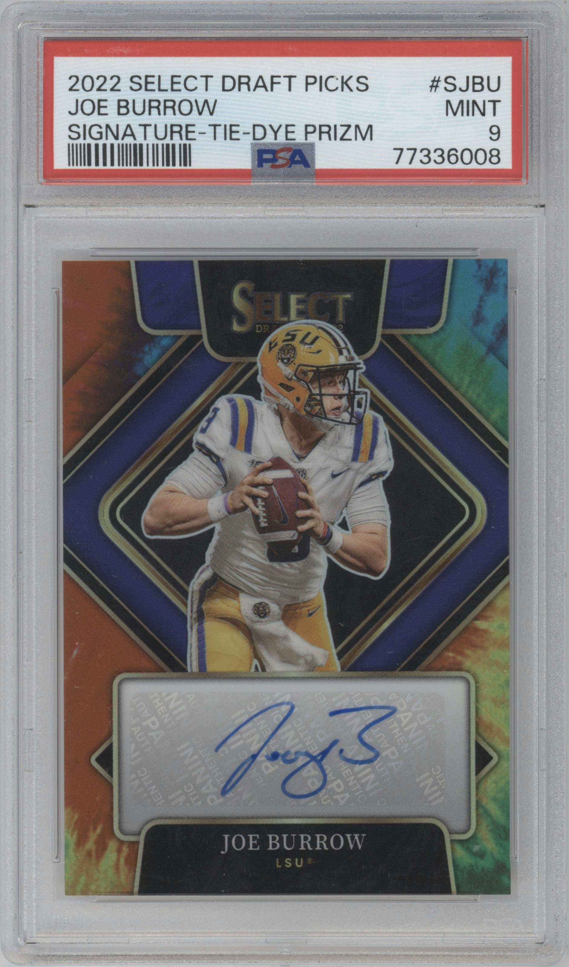 Joe Burrow from the 2022 Panini Select Draft Picks set featuring a Tie-Dye parallel graded by PSA and given an overall grade of 9.