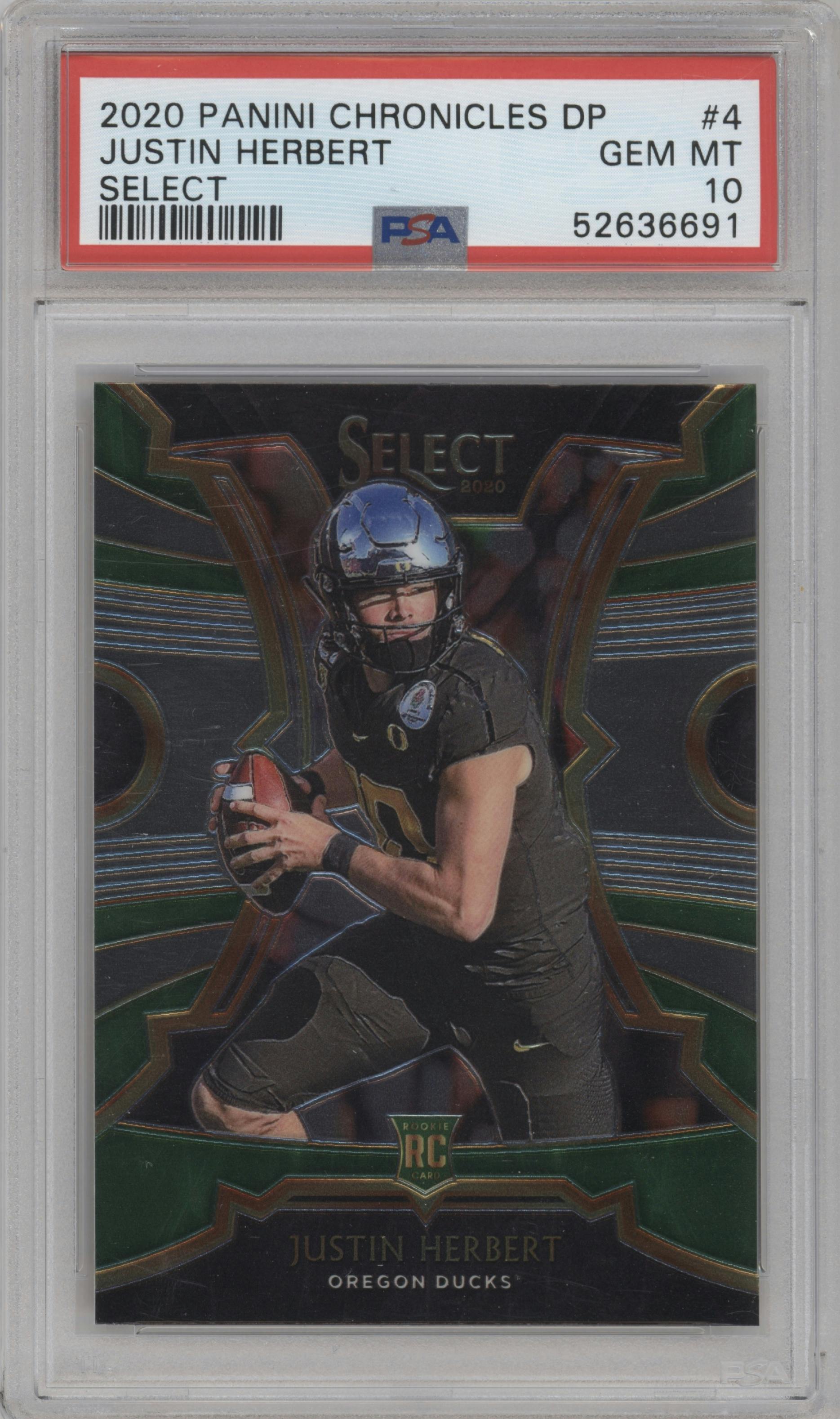 Justin Herbert from the 2020 Panini Chronicles Draft Picks  set graded by PSA and given an overall grade of 10.