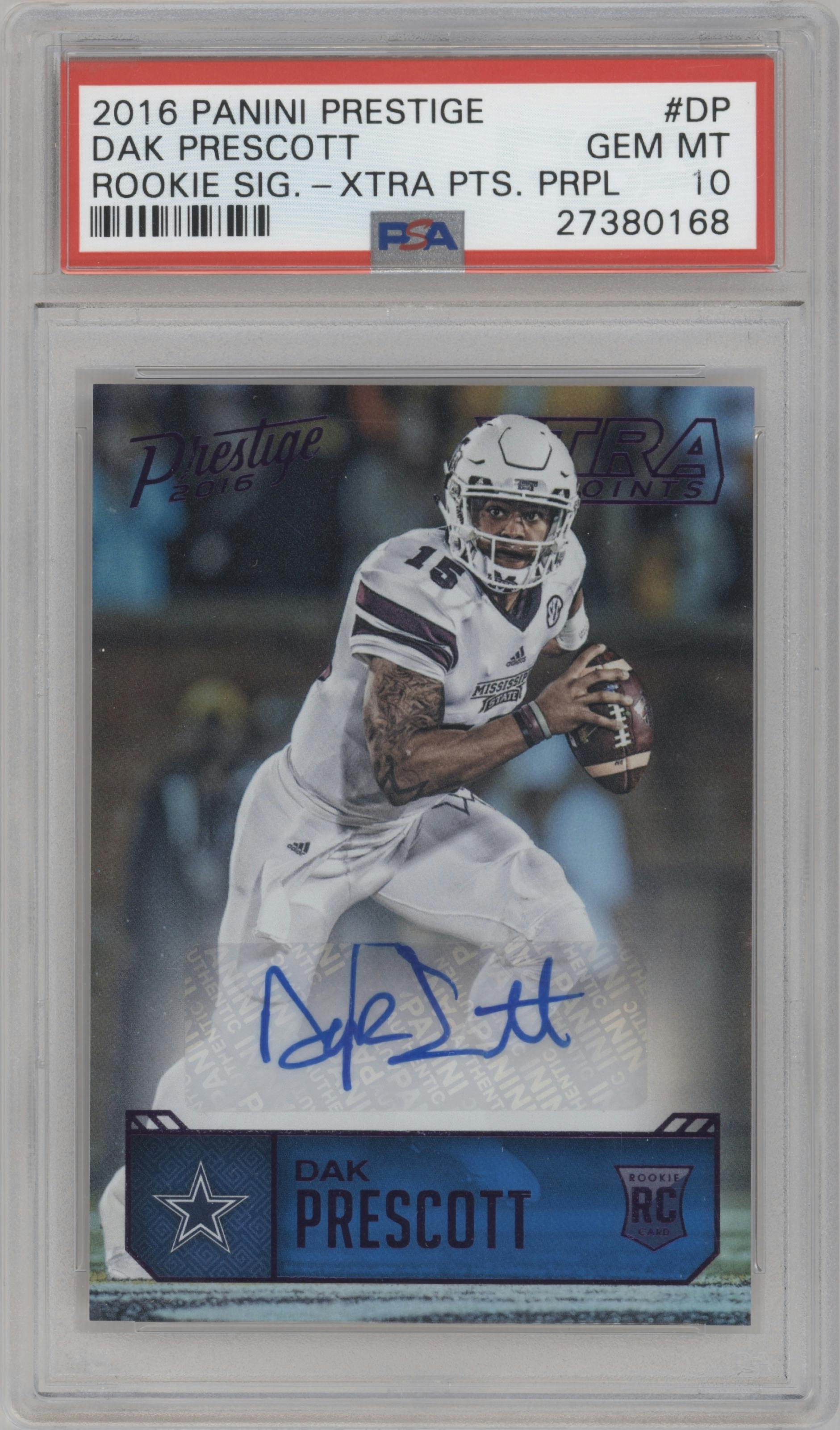 Dak Prescott from the 2016 Panini Prestige  set featuring a Xtra Points Purple parallel graded by PSA and given an overall grade of 10.