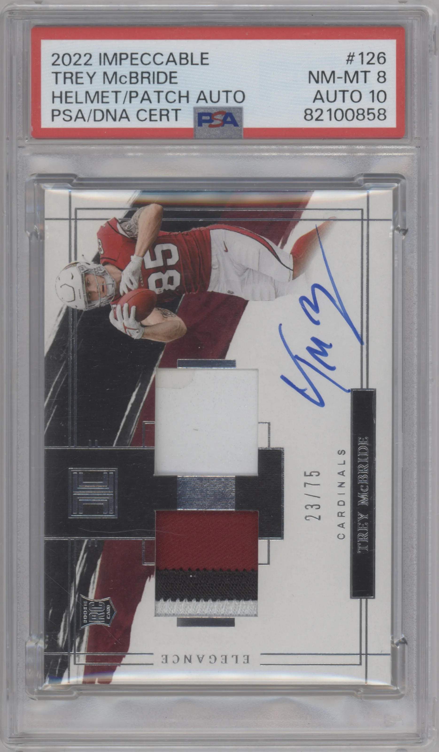 Trey McBride from the 2022 Panini Impeccable set graded by PSA and given an overall grade of 8.