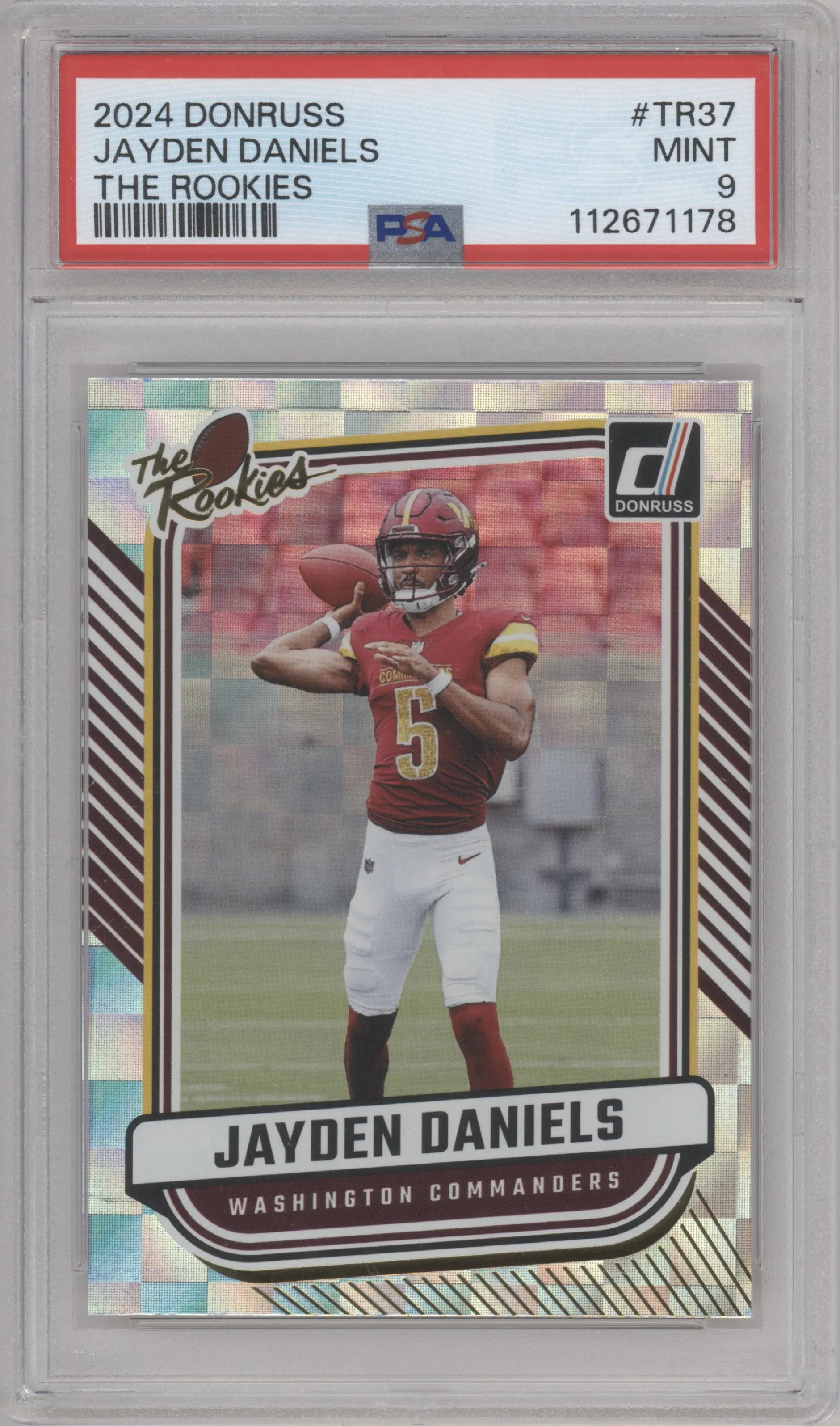 Jayden Daniels from the 2024 Donruss set graded by PSA and given an overall grade of 9.