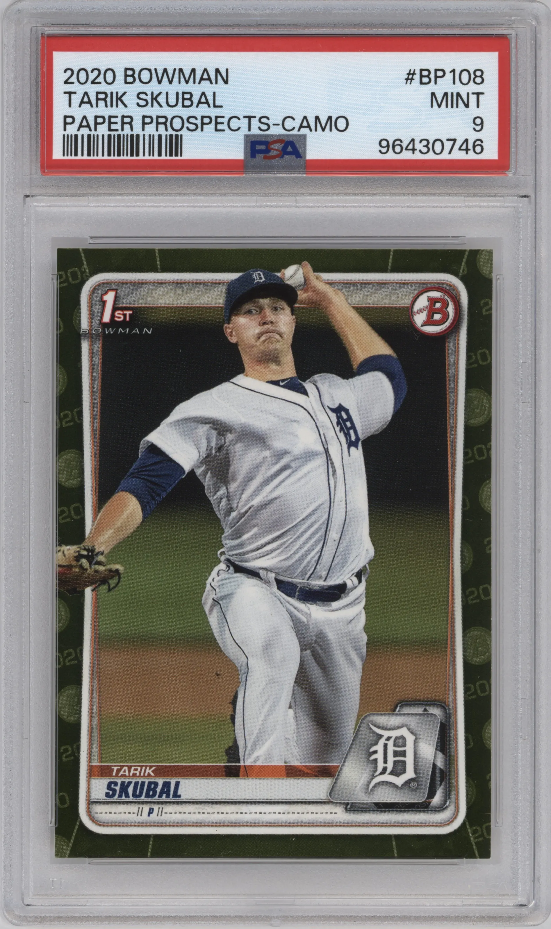 Tarik Skubal from the 2020 Bowman set featuring a Camo parallel graded by PSA and given an overall grade of 9.