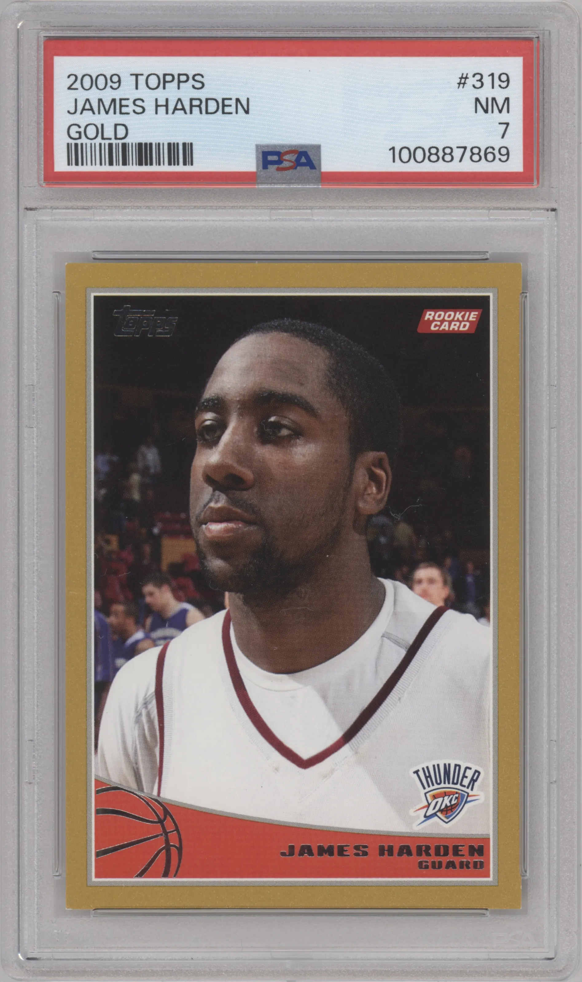 James Harden  from the 2009-10 Topps set featuring a Gold parallel graded by PSA and given an overall grade of 7.