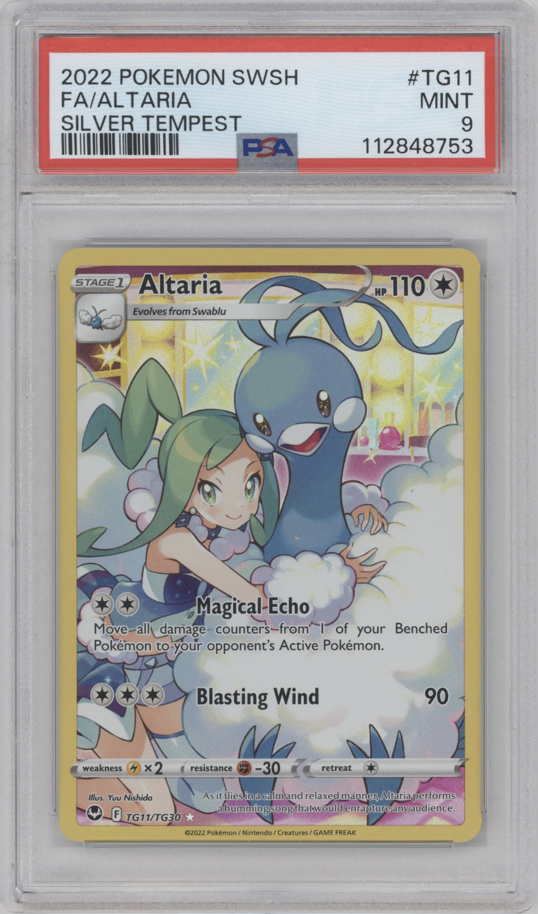 Altaria from the 2022 Pokemon SWSH set graded by PSA and given an overall grade of 9.