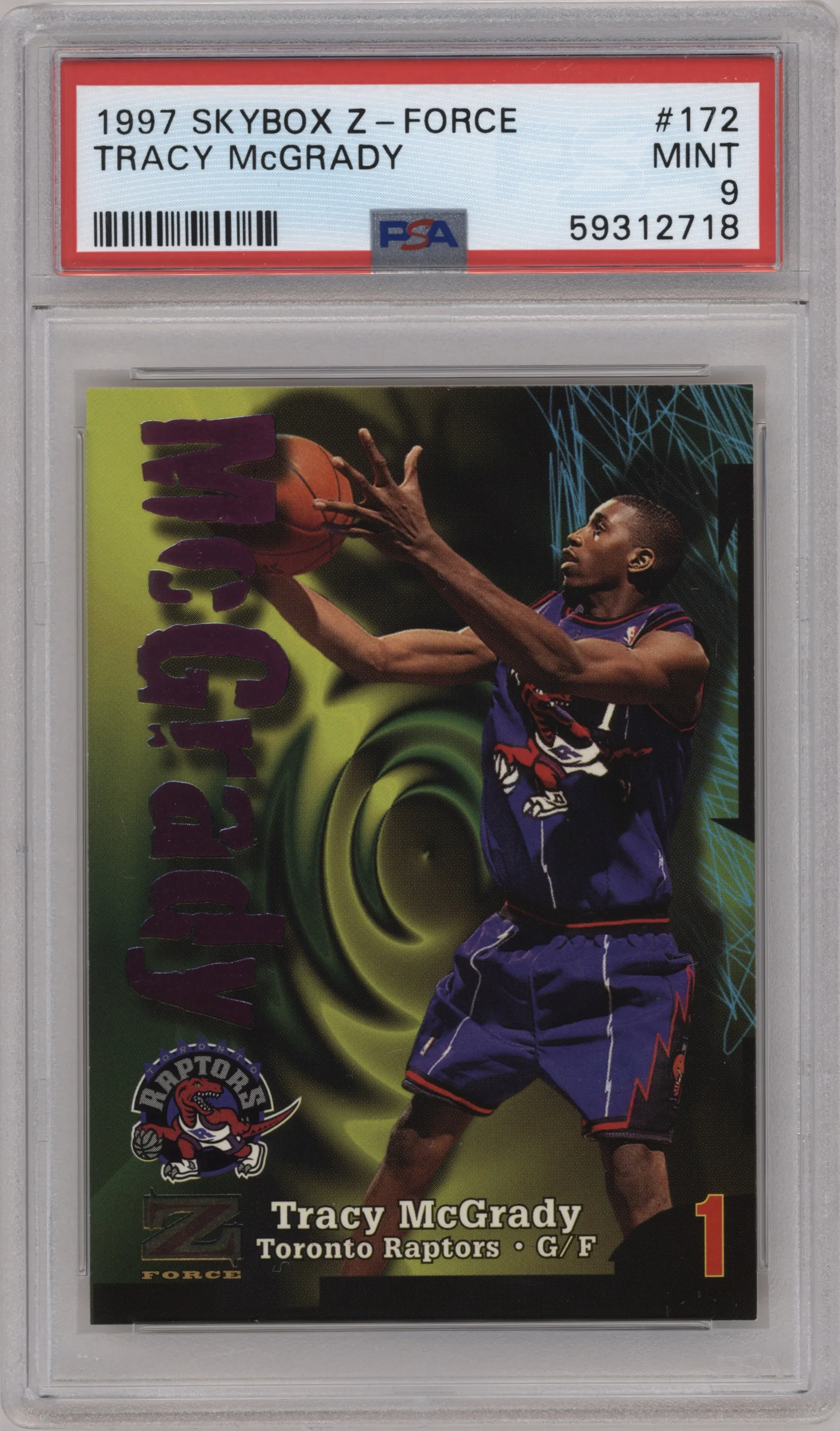 Tracy McGrady from the 1997-98 Skybox Z-Force set graded by PSA and given an overall grade of 9.