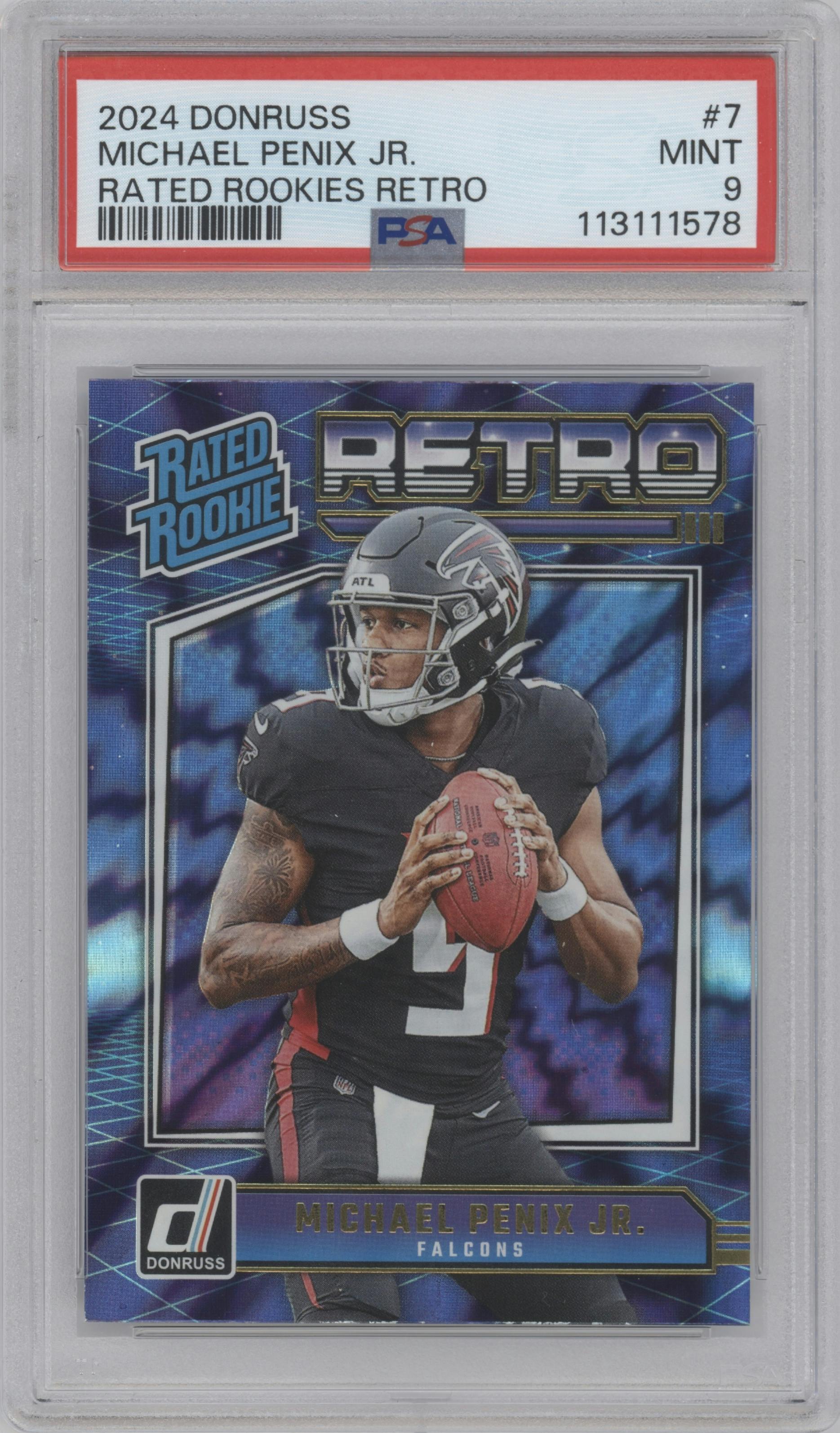 Michael Penix Jr. from the 2024 Donruss set graded by PSA and given an overall grade of 9.