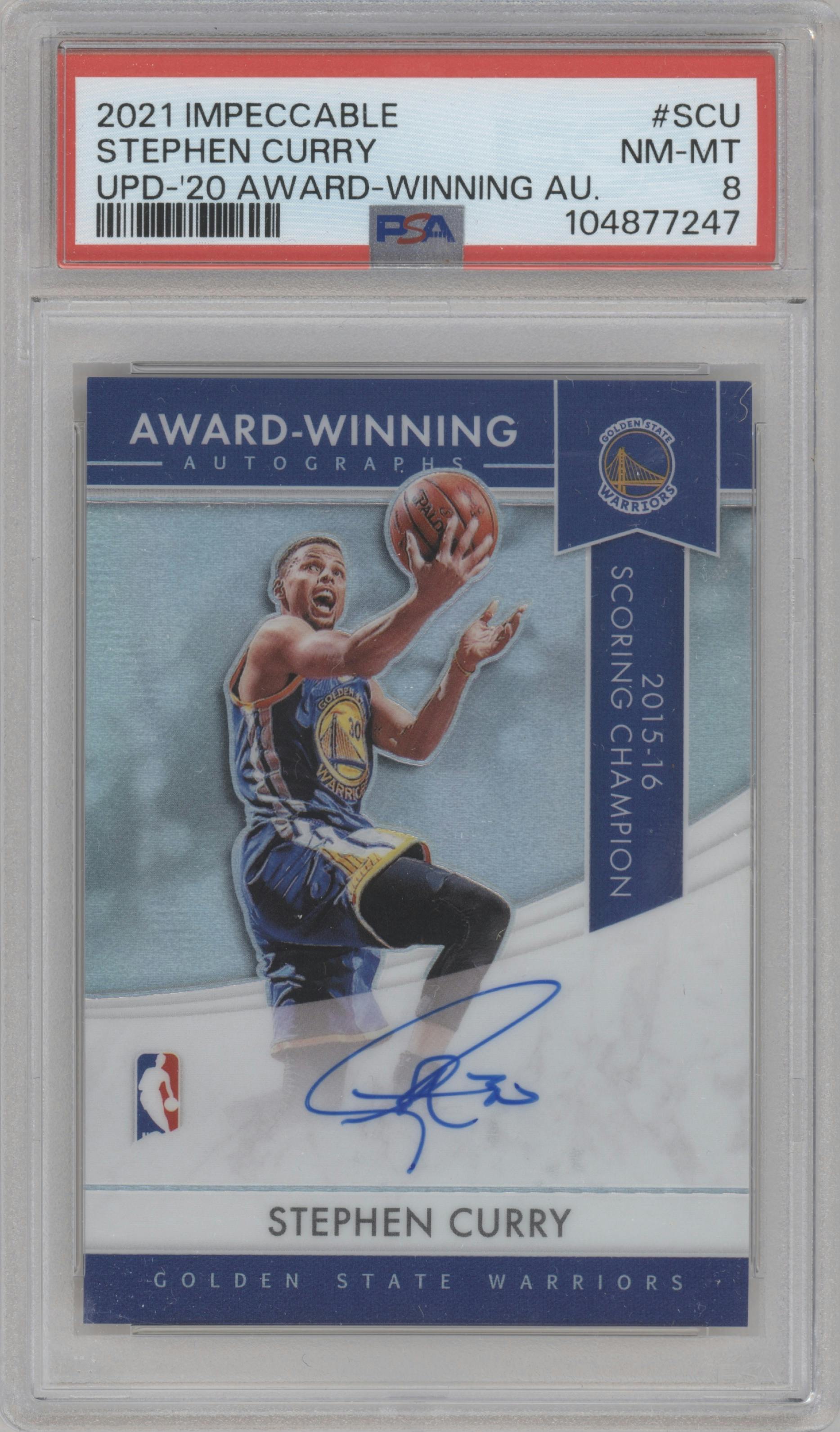 Stephen Curry from the 2021-22 Panini Impeccable  set graded by PSA and given an overall grade of 8.