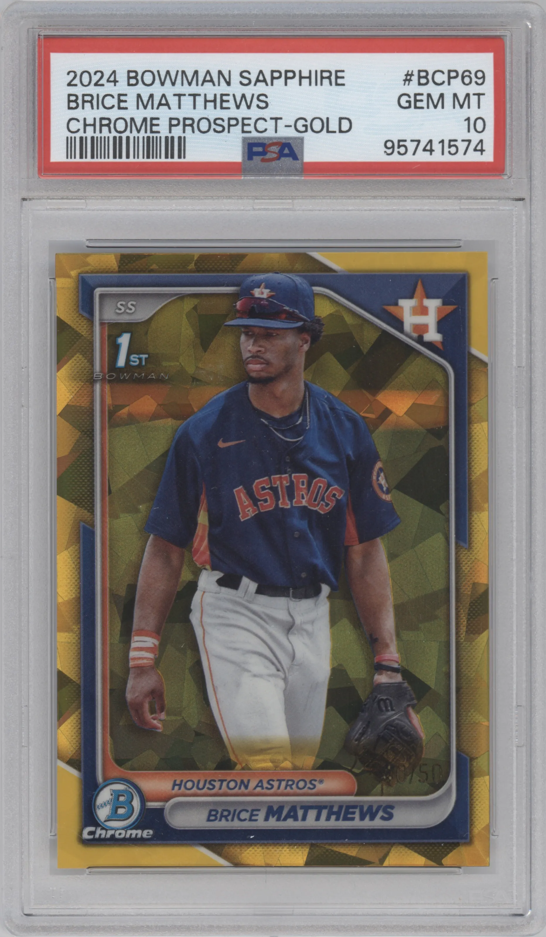 Brice Matthews from the 2024 Bowman Sapphire Edition set featuring a Gold parallel graded by PSA and given an overall grade of 10.