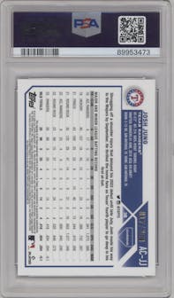Josh Jung from the 2023 Topps Chrome Update set featuring a Purple Refractor parallel graded by PSA and given an overall grade of 9.