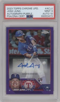 Josh Jung from the 2023 Topps Chrome Update set featuring a Purple Refractor parallel graded by PSA and given an overall grade of 9.
