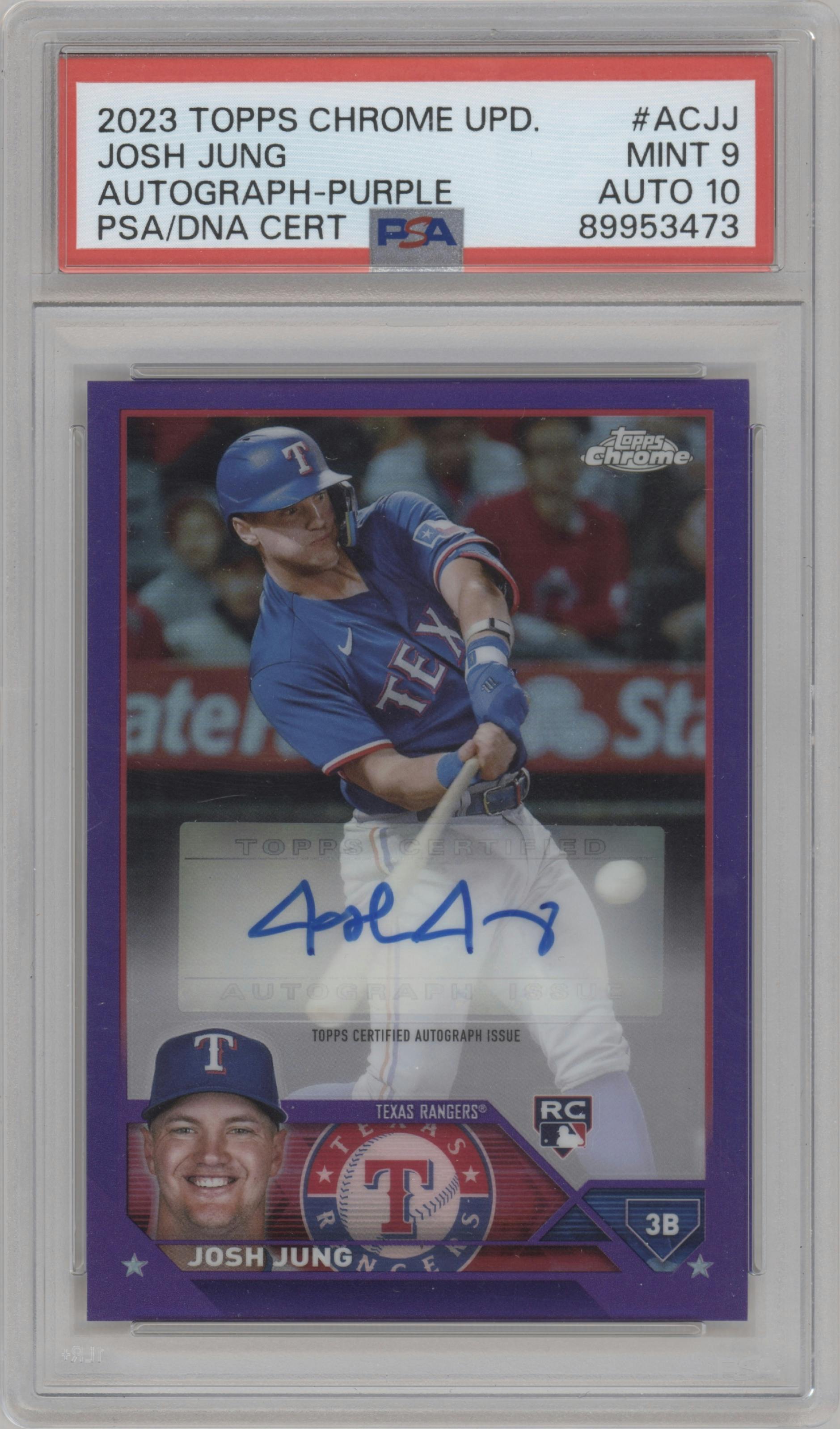 Josh Jung from the 2023 Topps Chrome Update set featuring a Purple Refractor parallel graded by PSA and given an overall grade of 9.