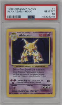 Alakazam from the 1999 Pokemon set graded by PSA and given an overall grade of 10.