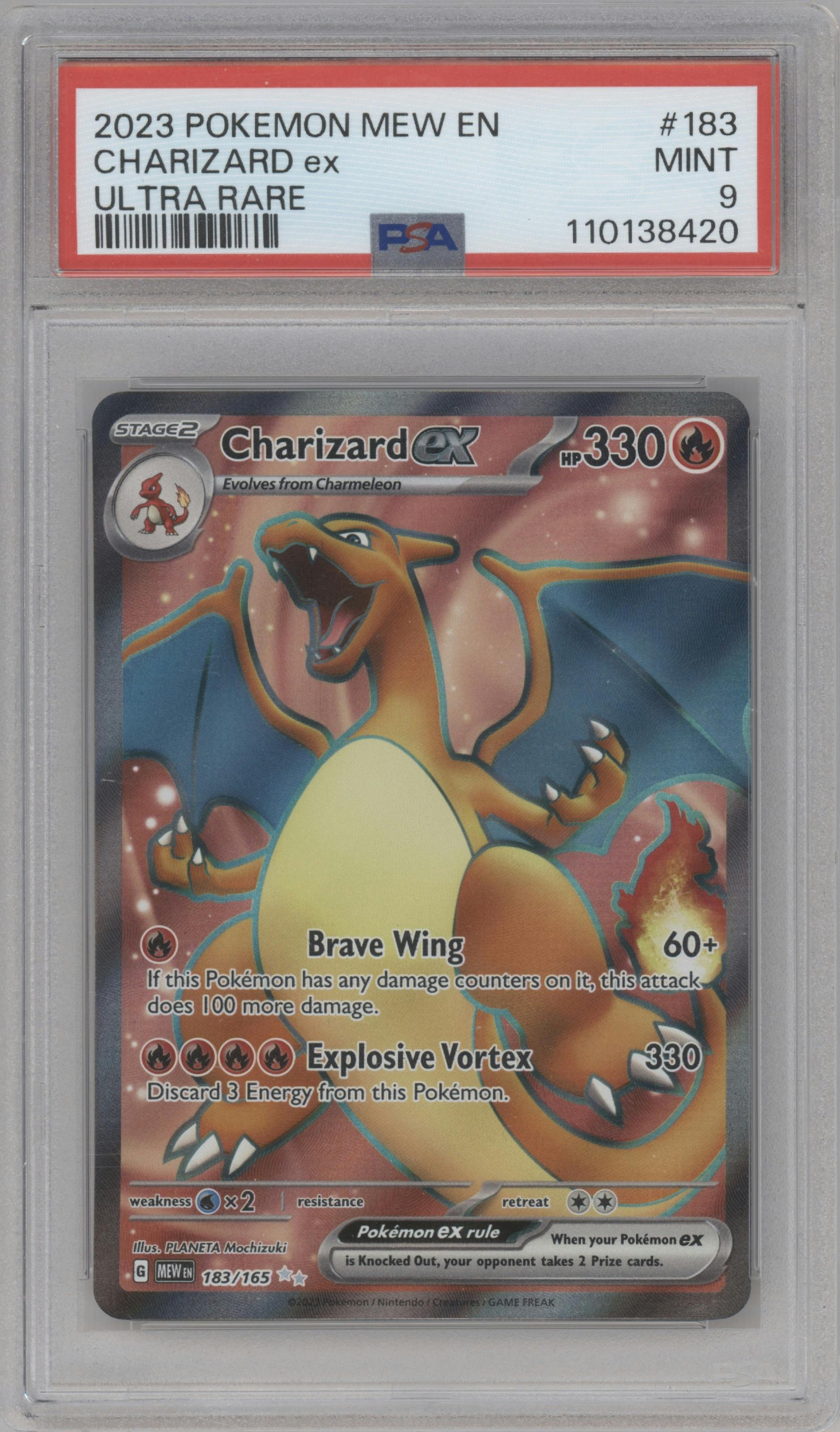 Charizard ex from the 2023 Pokemon SV set graded by PSA and given an overall grade of 9.