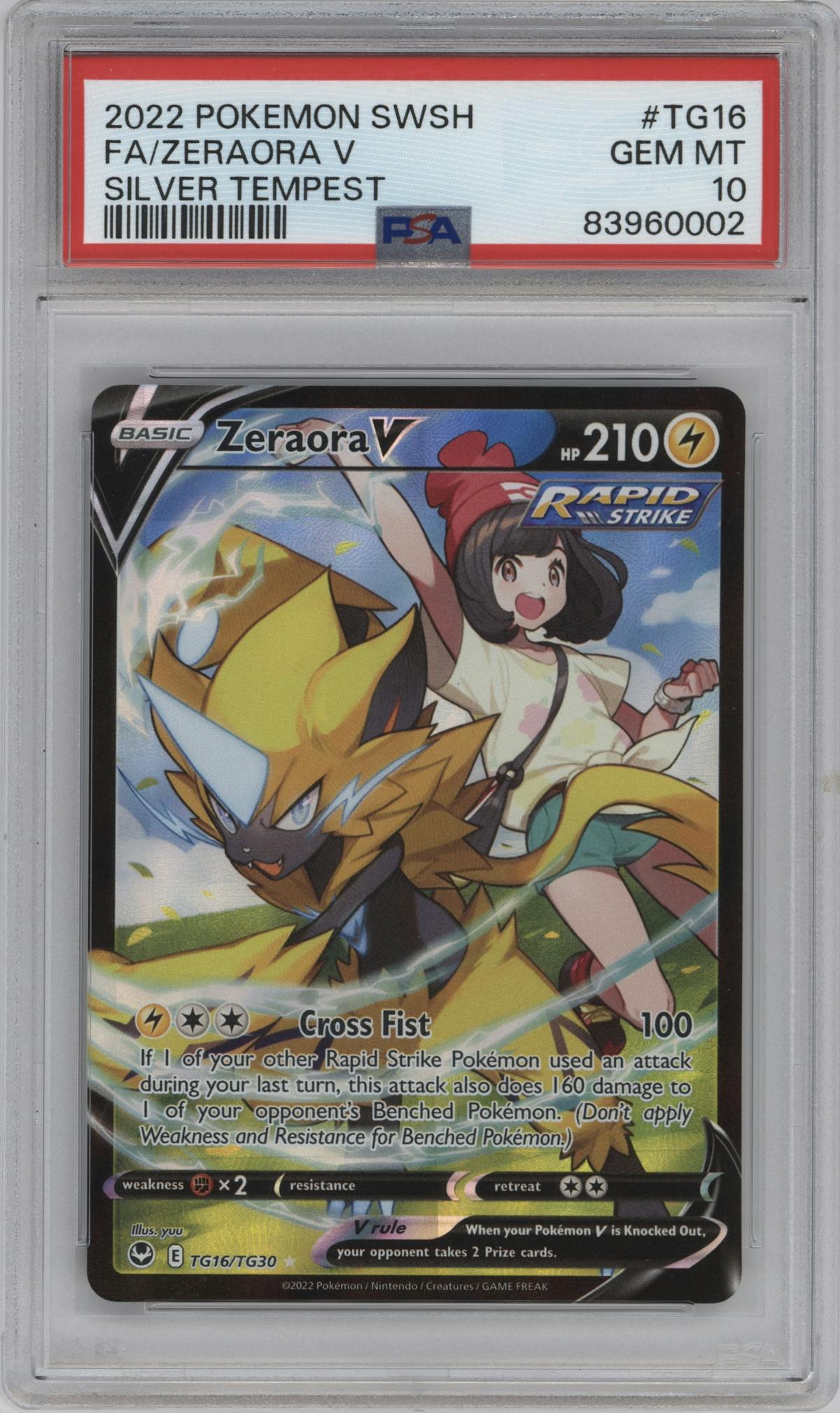 Zeraora V from the 2022 Pokemon SWSH set graded by PSA and given an overall grade of 10.