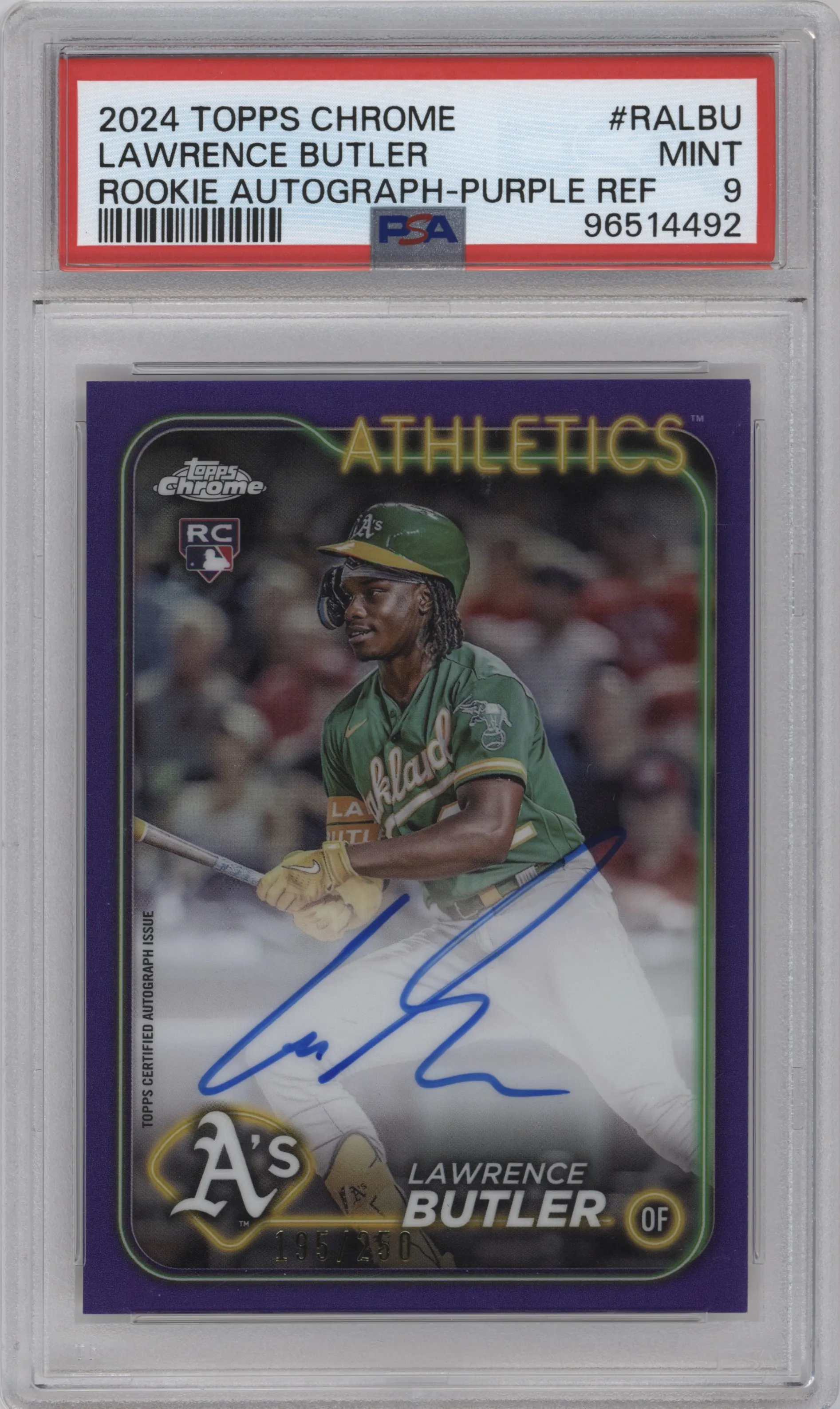 Lawrence Butler from the 2024 Topps Chrome set featuring a Purple Refractor parallel graded by PSA and given an overall grade of 9.