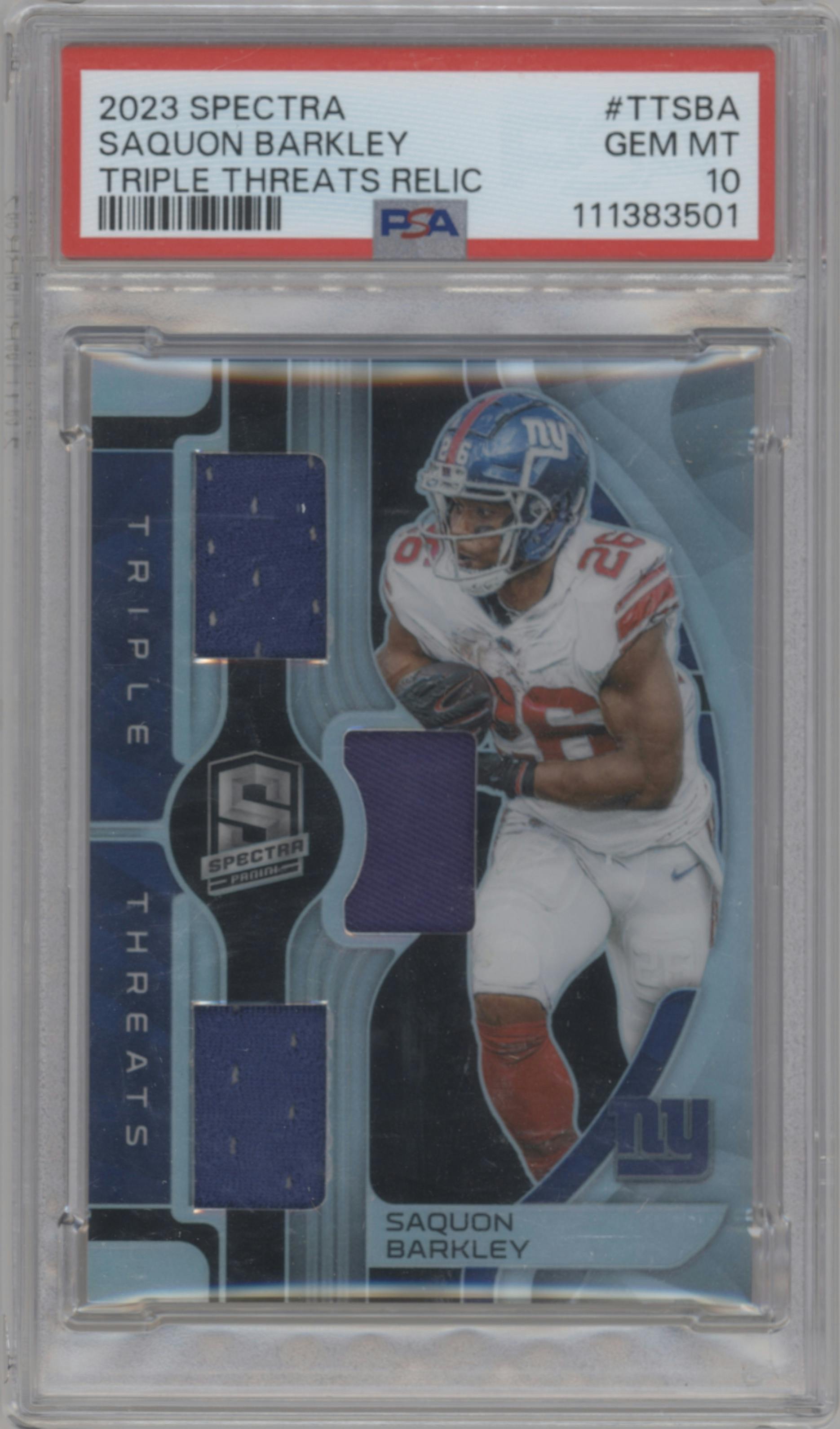 Saquon Barkley  from the 2023 Panini Spectra set graded by PSA and given an overall grade of 10.