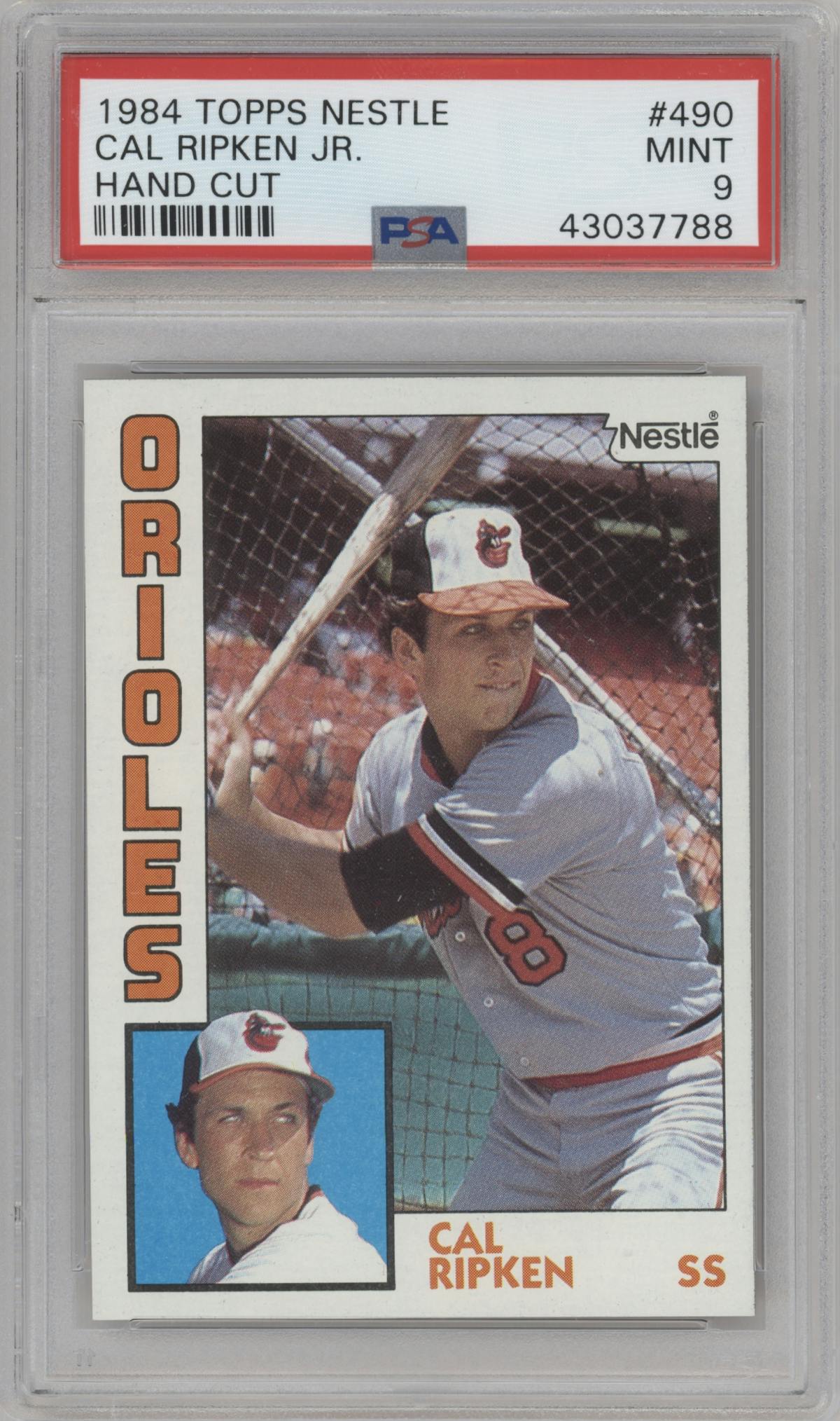 Cal Ripken from the 1984 Topps Nestle set featuring a Hand Cut parallel graded by PSA and given an overall grade of 9.