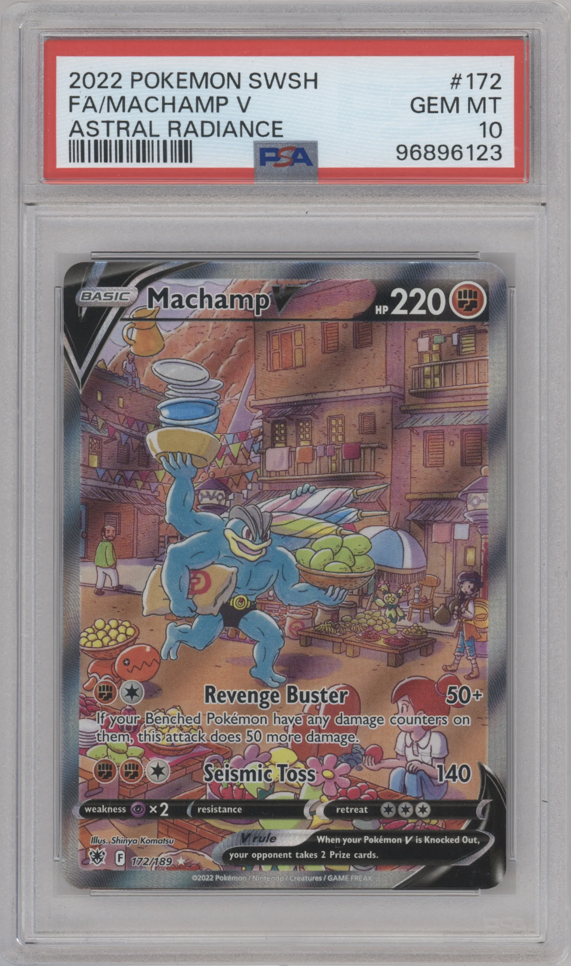 Machamp V from the 2022 Pokemon SWSH set graded by PSA and given an overall grade of 10.