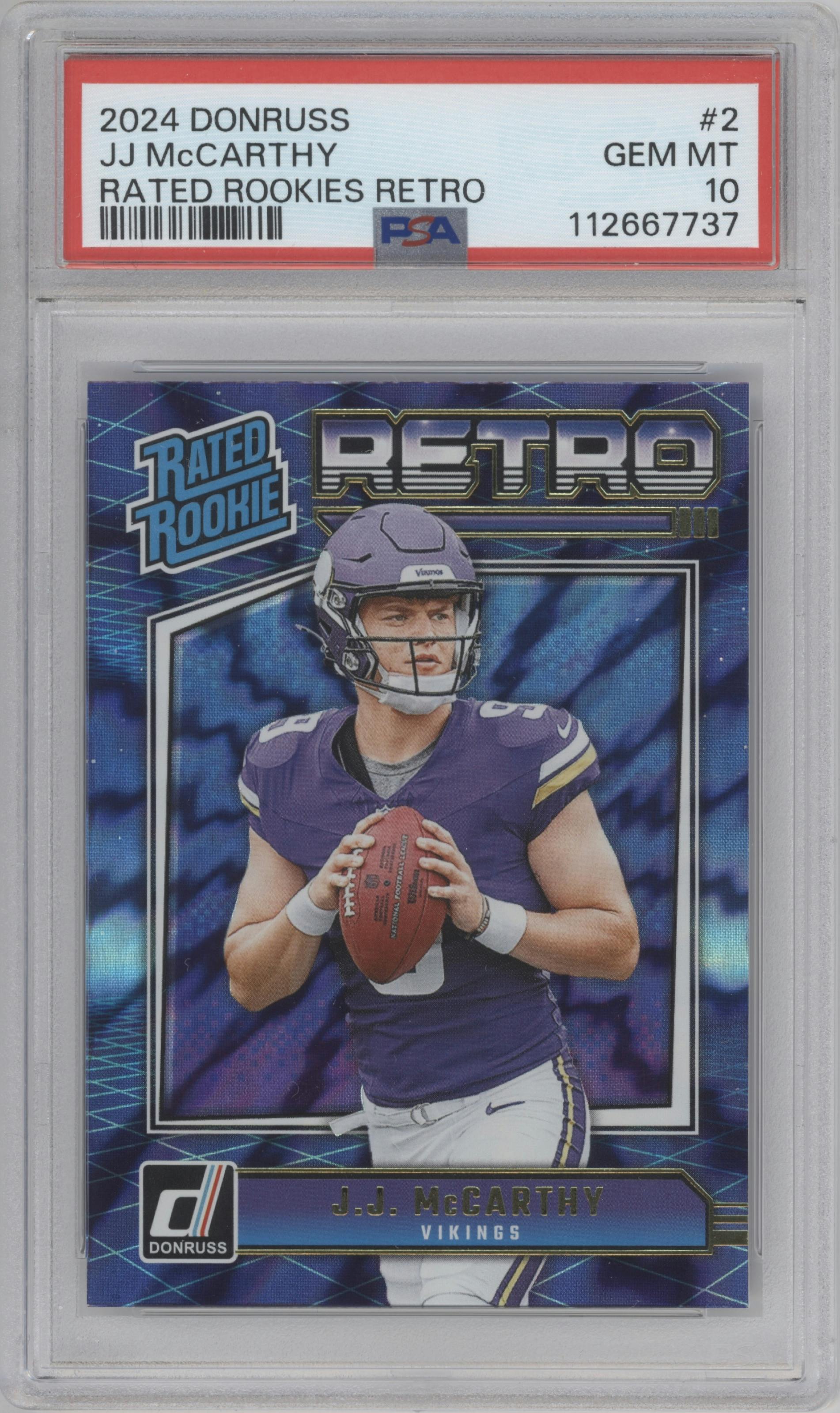 J.J. McCarthy from the 2024 Donruss set graded by PSA and given an overall grade of 10.