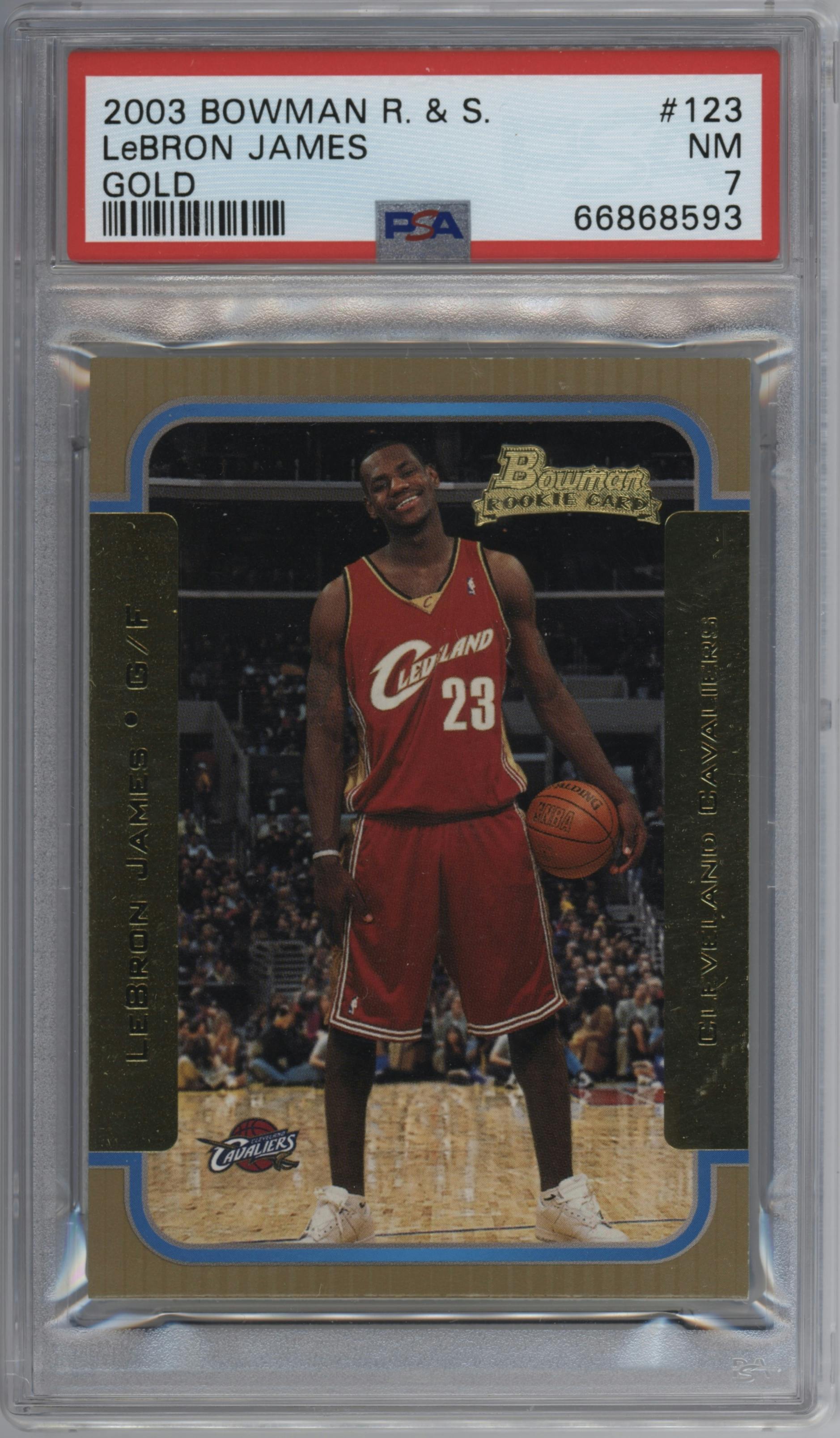 LeBron James  from the 2003-04 Bowman set featuring a Gold parallel graded by PSA and given an overall grade of 7.