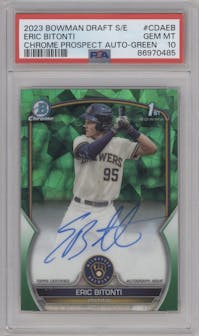 Eric Bitonti from the 2023 Bowman Draft Sapphire set featuring a Green parallel graded by PSA and given an overall grade of 10.