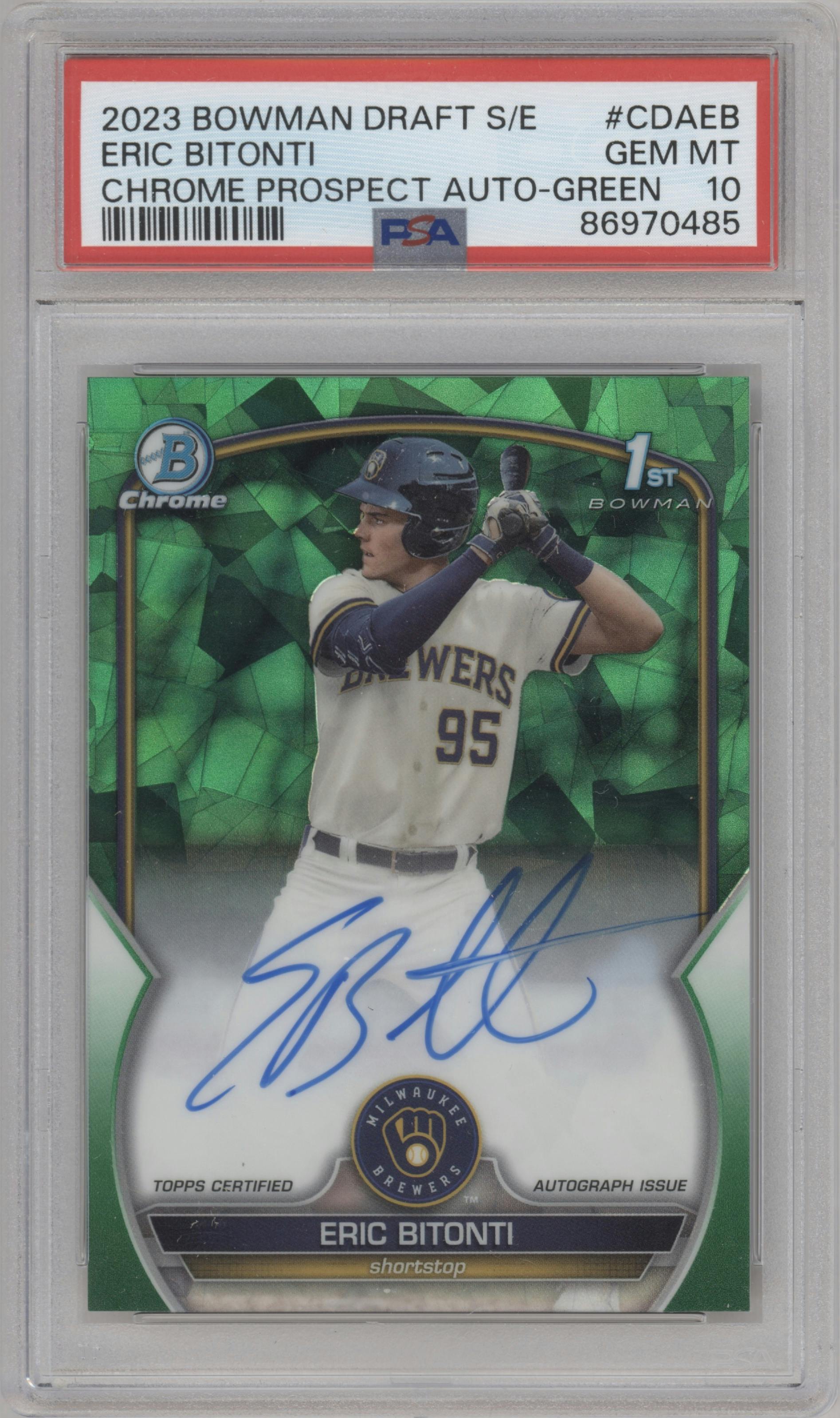 Eric Bitonti from the 2023 Bowman Draft Sapphire set featuring a Green parallel graded by PSA and given an overall grade of 10.