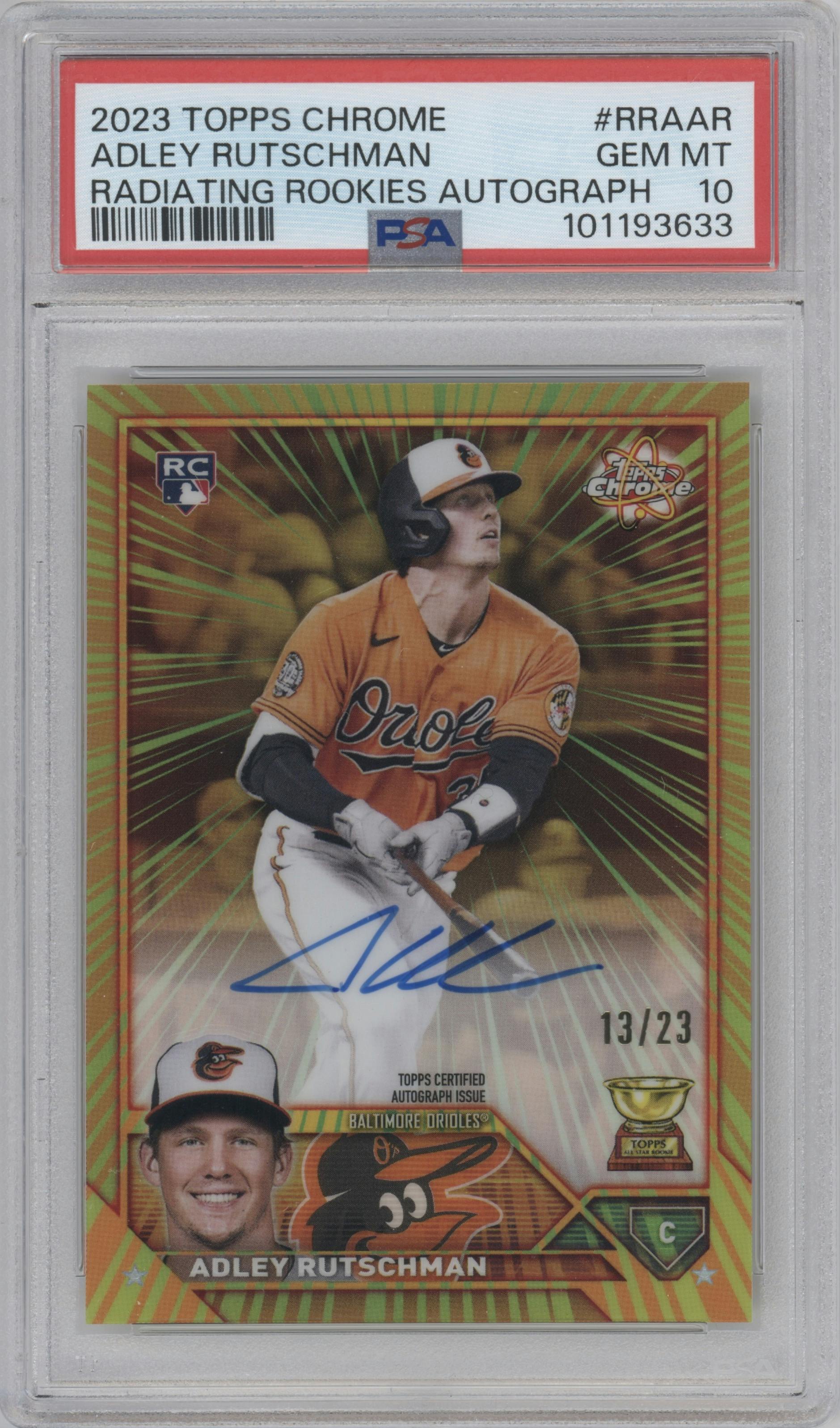 Adley Rutschman from the 2023 Topps Chrome set graded by PSA and given an overall grade of 10.