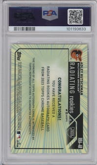 Adley Rutschman from the 2023 Topps Chrome set graded by PSA and given an overall grade of 10.