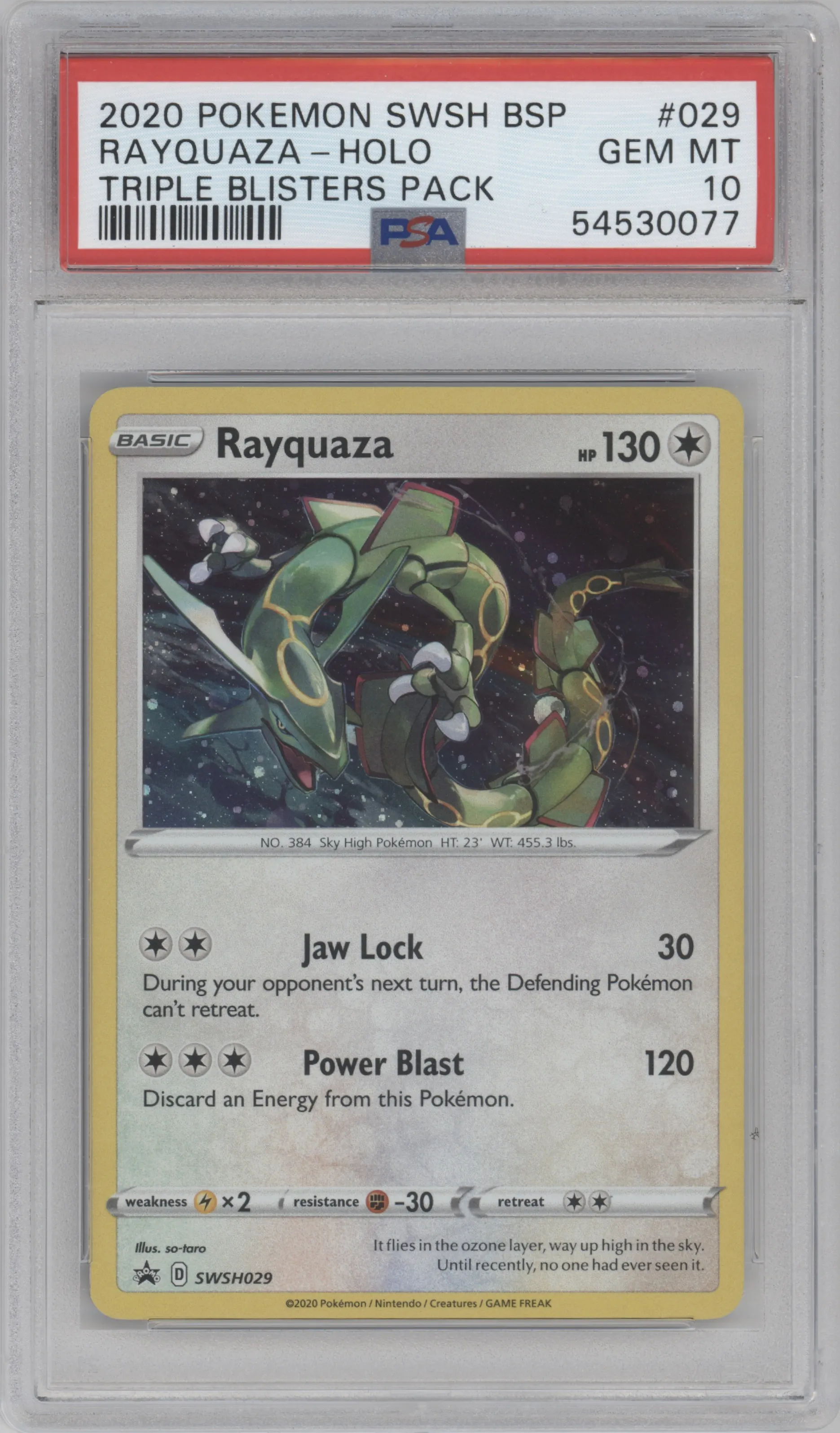 Rayquaza from the 2020 Pokemon SWSH set featuring a Triple Blisters Pack parallel graded by PSA and given an overall grade of 10.
