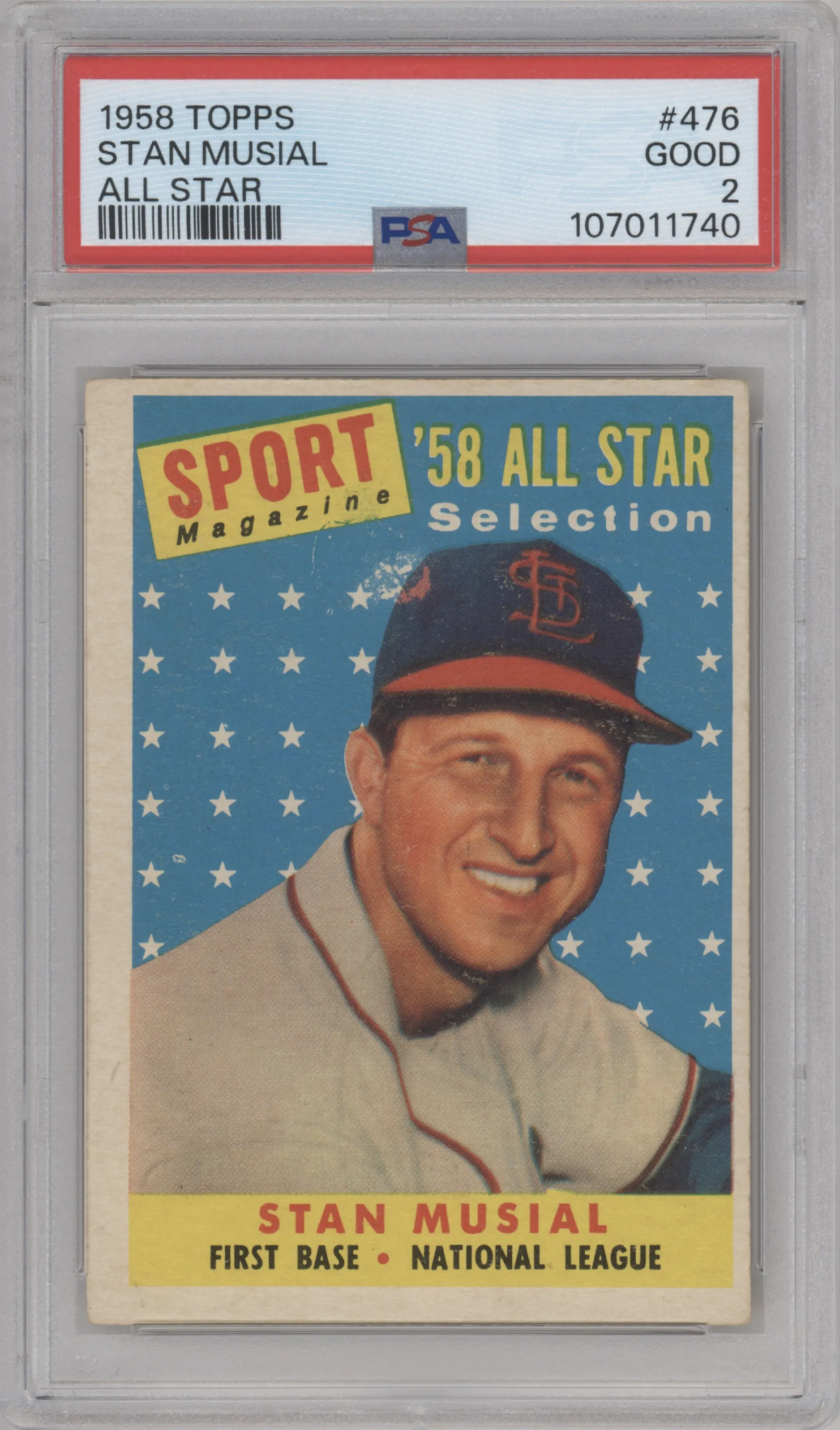 Stan Musial from the 1958 Topps set graded by PSA and given an overall grade of 2.