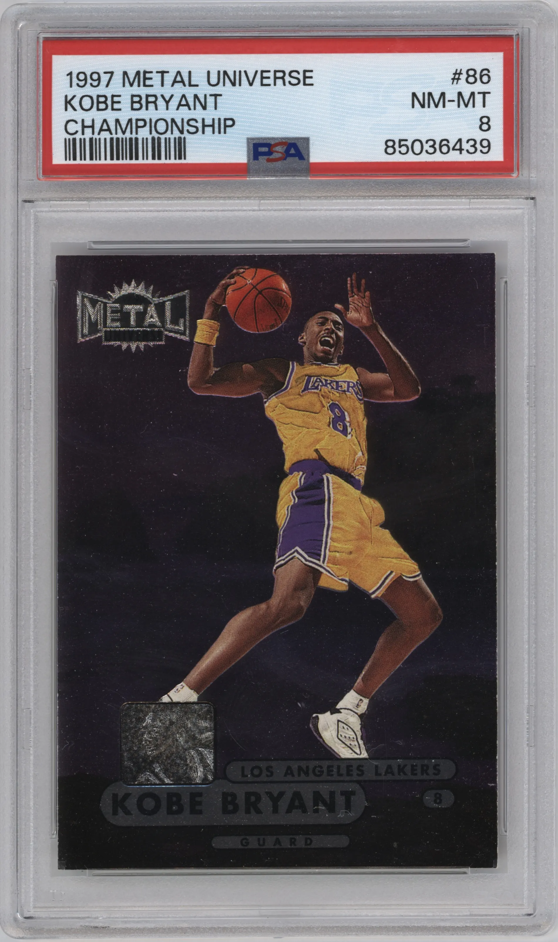 Kobe Bryant from the 1997-98 Metal Universe Championship set graded by PSA and given an overall grade of 8.