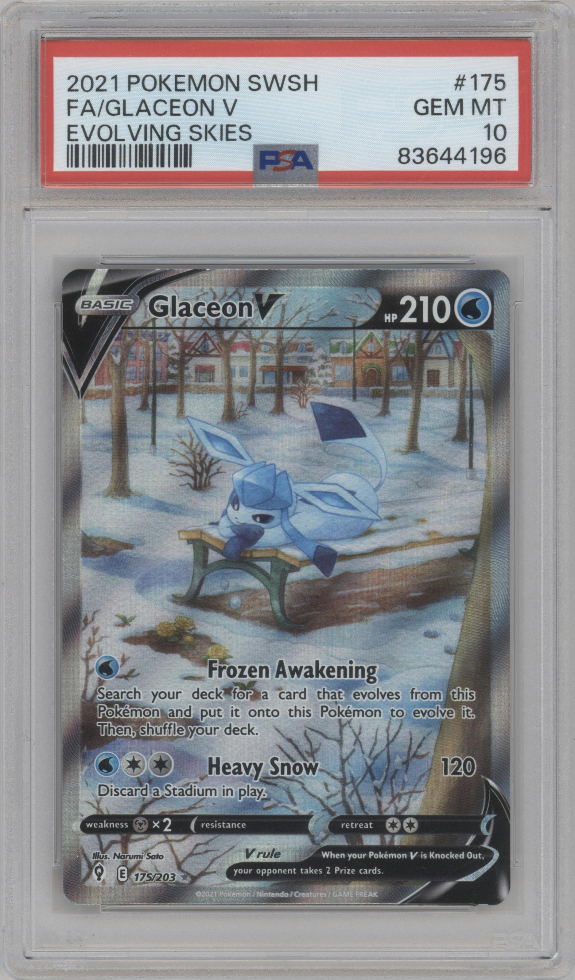 Glaceon V from the 2021 Pokemon SWSH set graded by PSA and given an overall grade of 10.