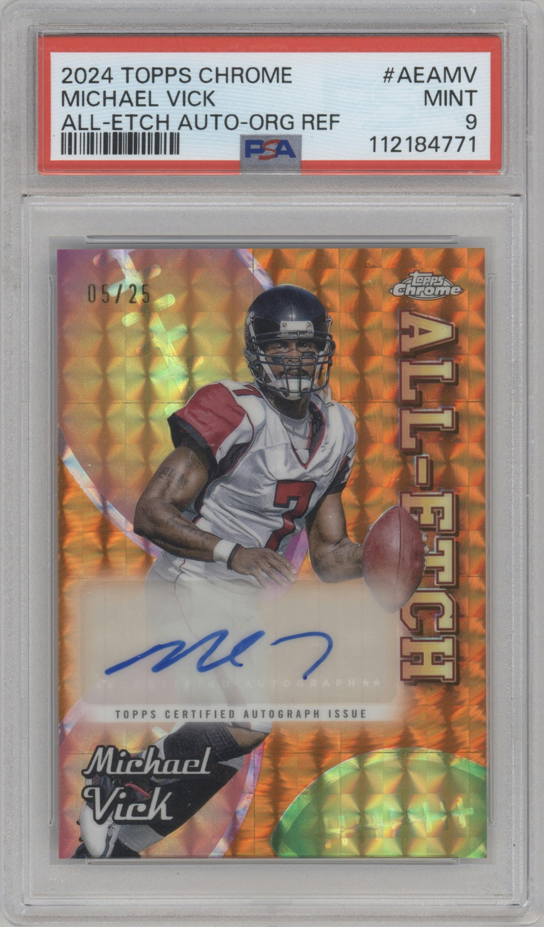 Michael Vick from the 2024 Topps Chrome set featuring a Orange Geometric Refractor parallel graded by PSA and given an overall grade of 9.