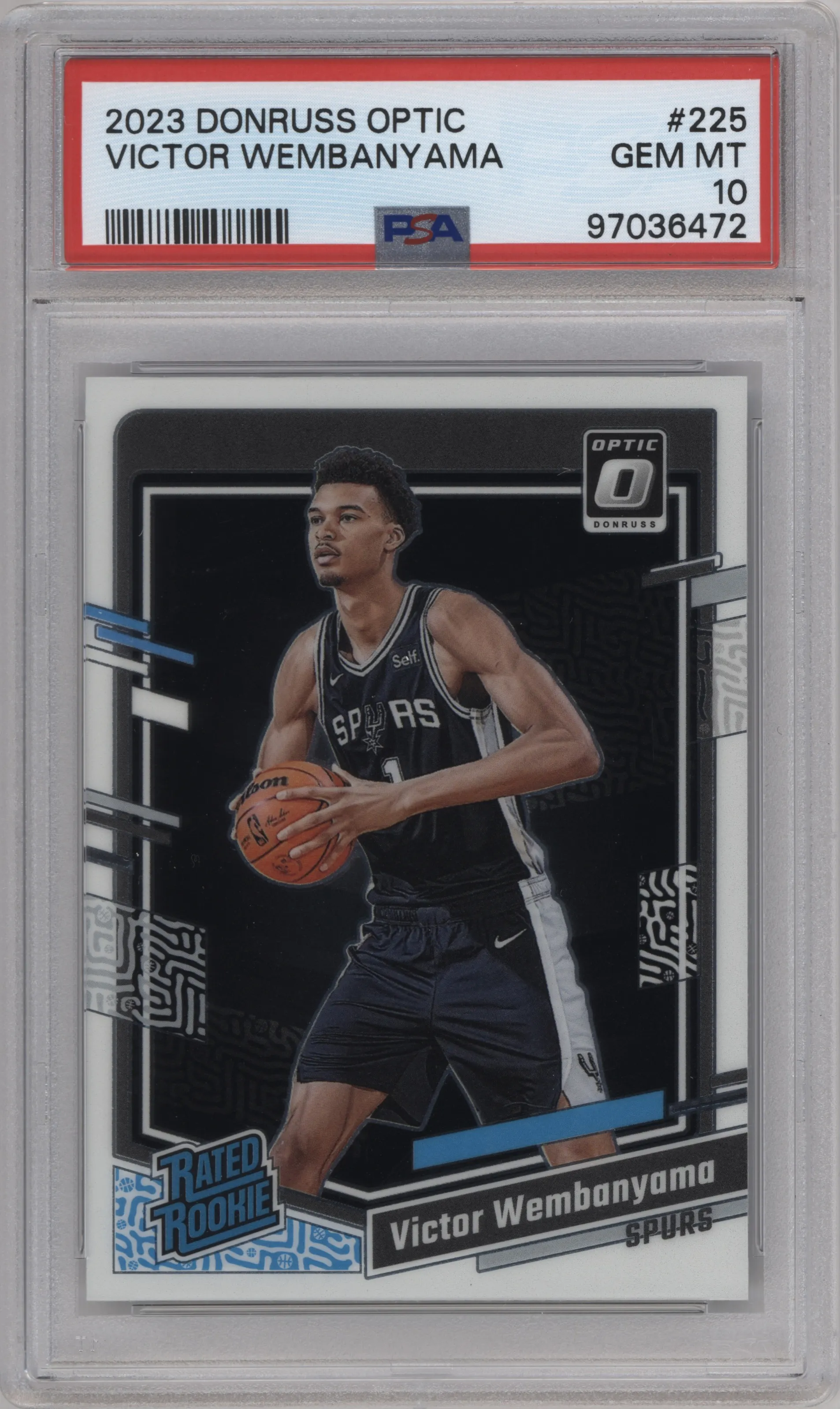Victor Wembanyama from the 2023-24 Donruss Optic set graded by PSA and given an overall grade of 10.