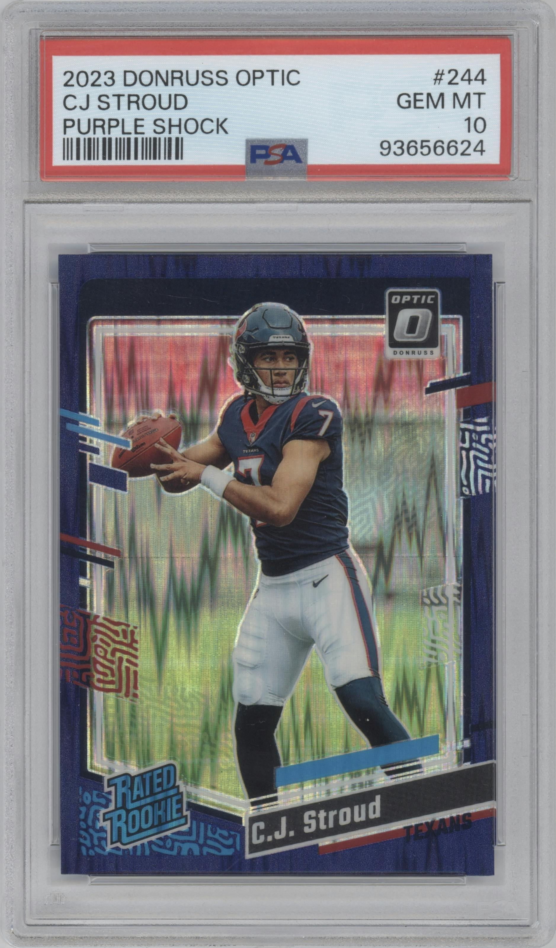 C.J. Stroud from the 2023 Donruss Optic set featuring a  Purple Shock parallel graded by PSA and given an overall grade of 10.