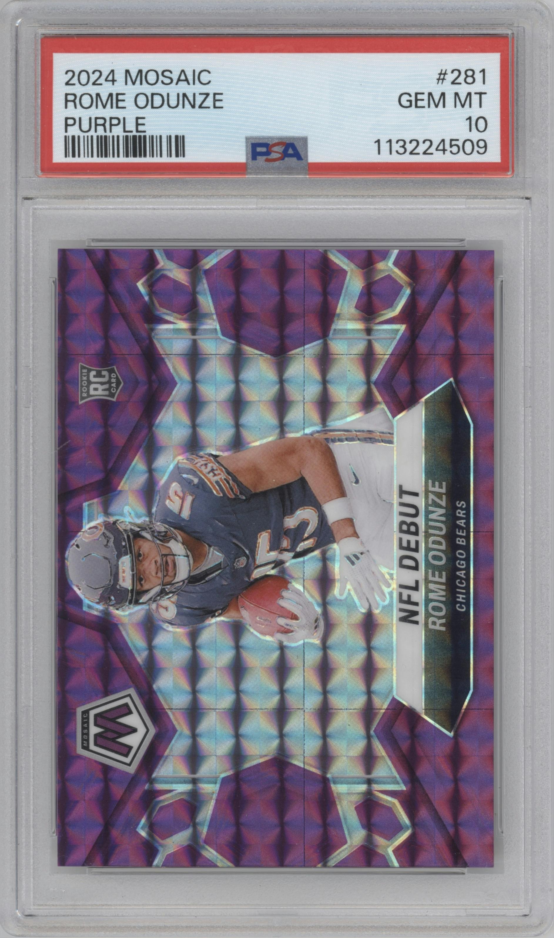 Rome Odunze from the 2024 Panini Mosaic set featuring a Purple Mosaic parallel graded by PSA and given an overall grade of 10.