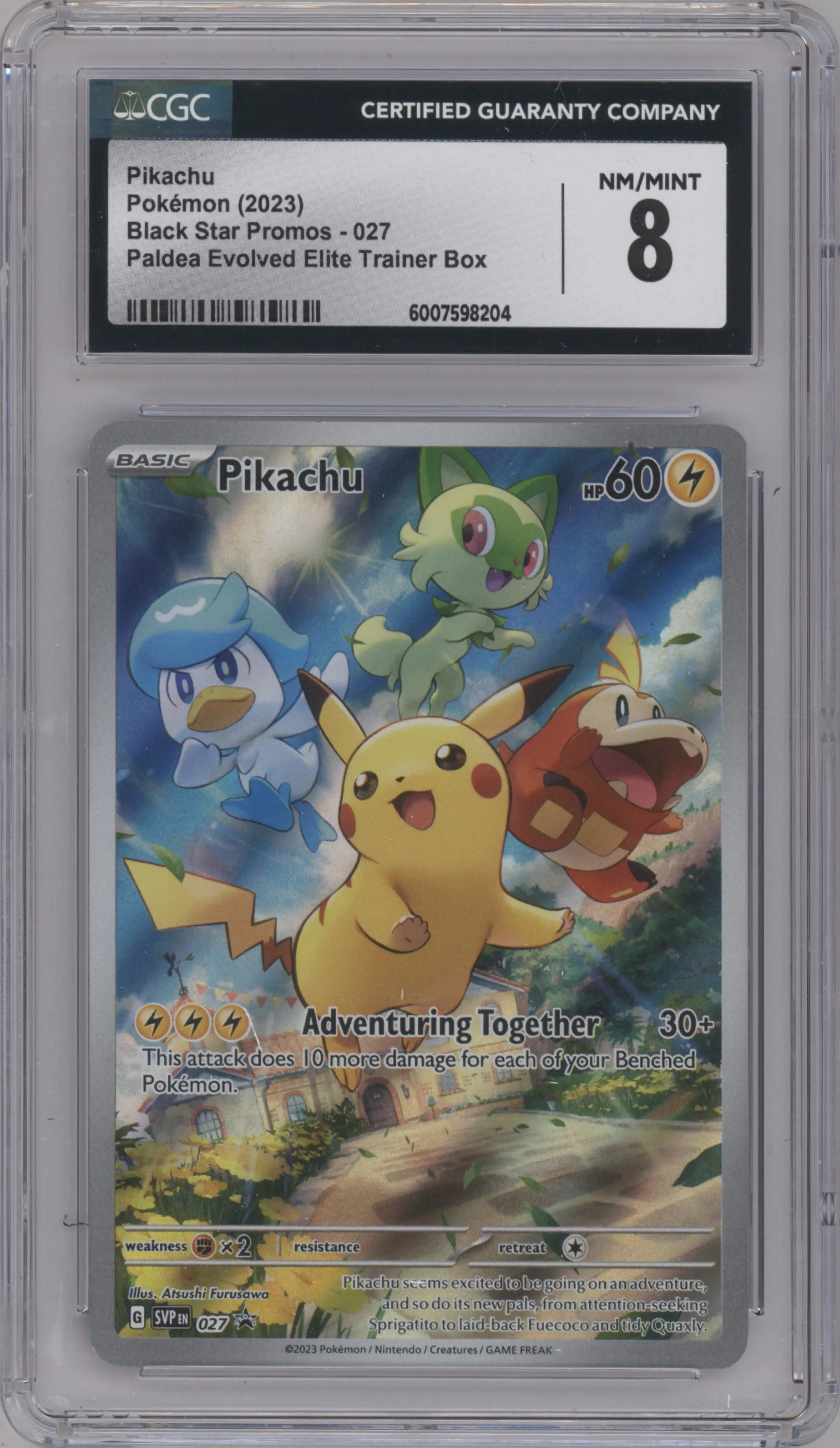 Pikachu from the 2023 Pokemon SV set featuring a Scarlet & Violet - Paldea Evolved Elite Trainer Box parallel graded by CSG and given an overall grade of 8.