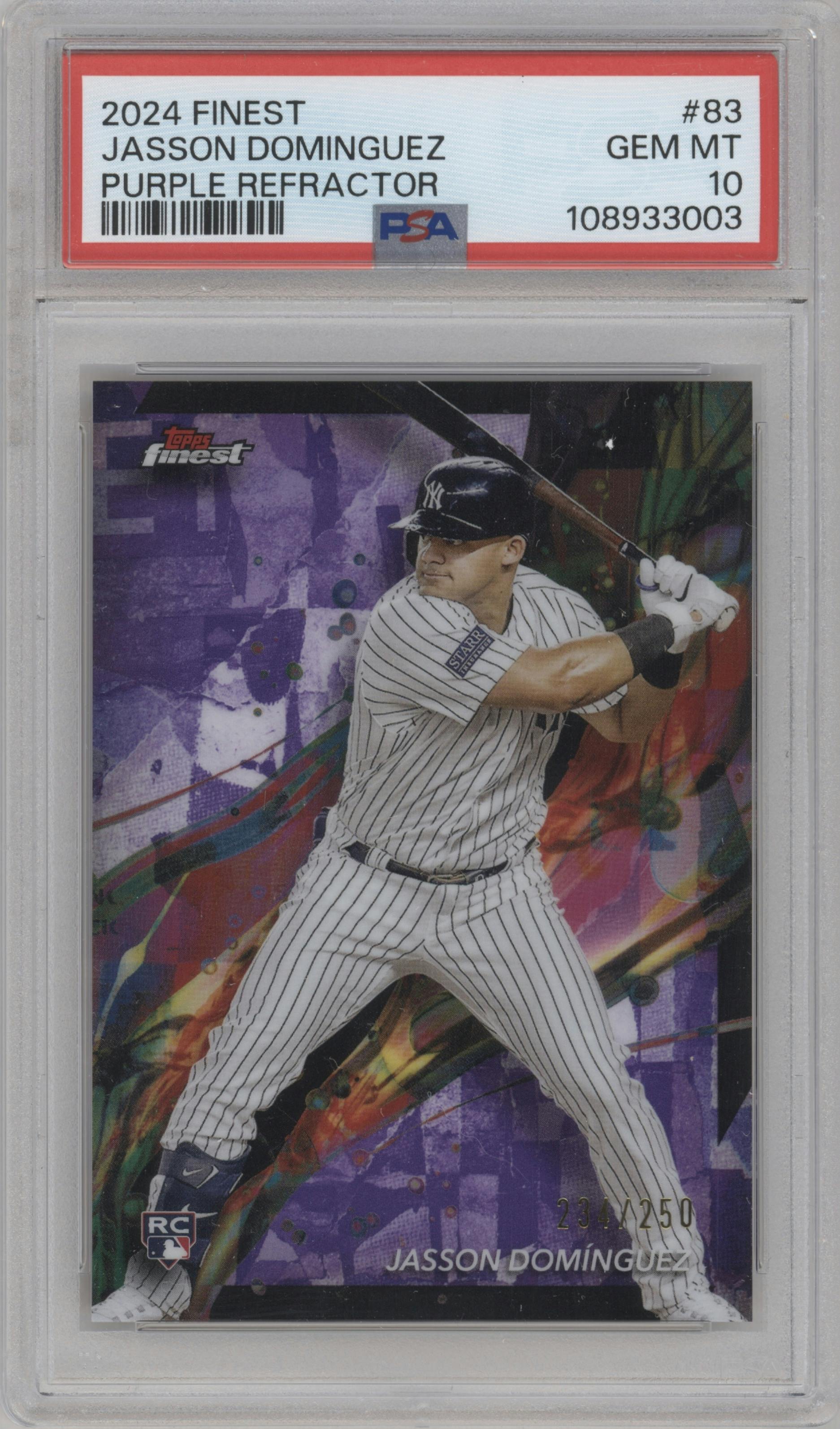 Jasson Dominguez from the 2024 Topps Finest set featuring a Purple Refractor parallel graded by PSA and given an overall grade of 10.