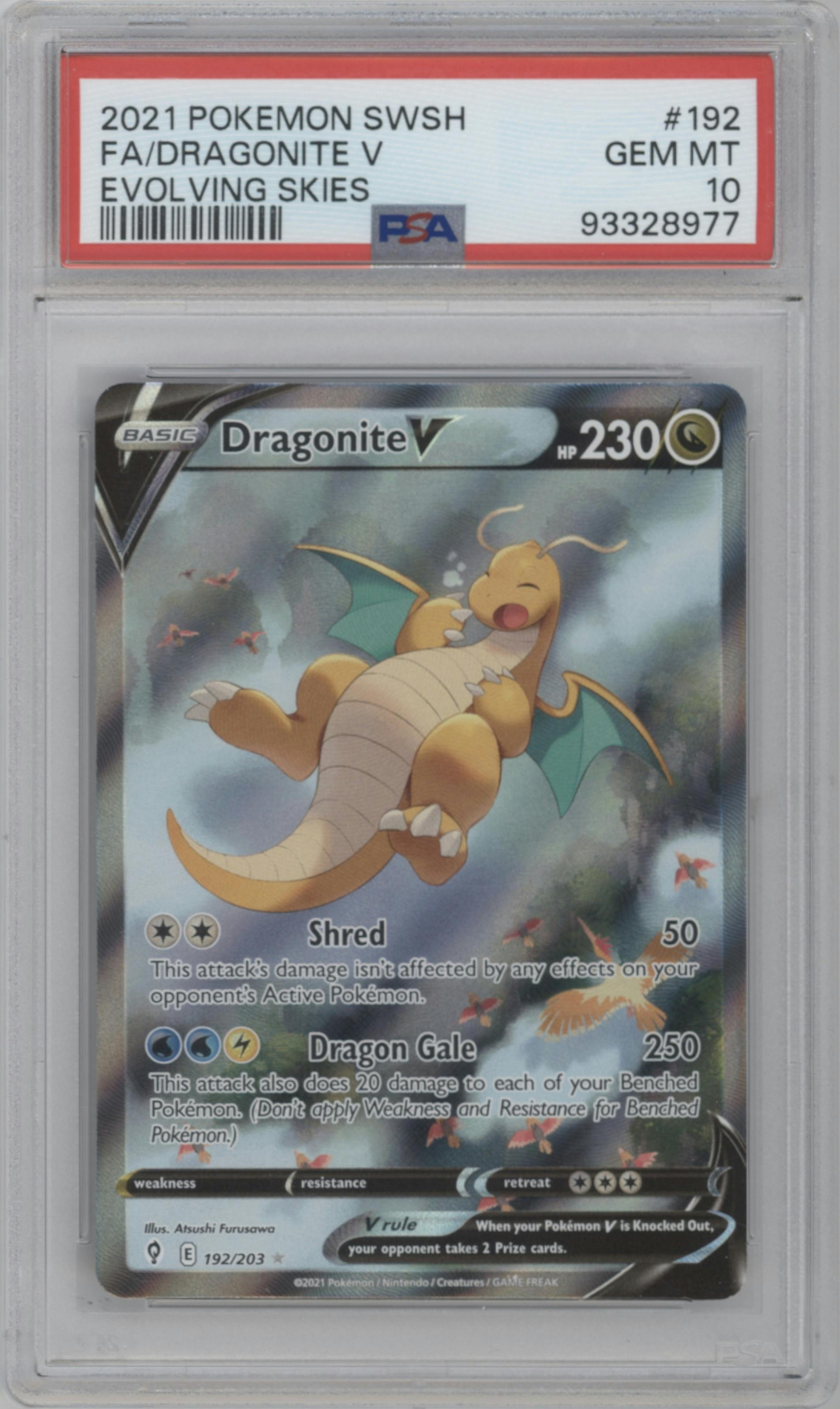 Dragonite V from the 2021 Pokemon SWSH set graded by PSA and given an overall grade of 10.